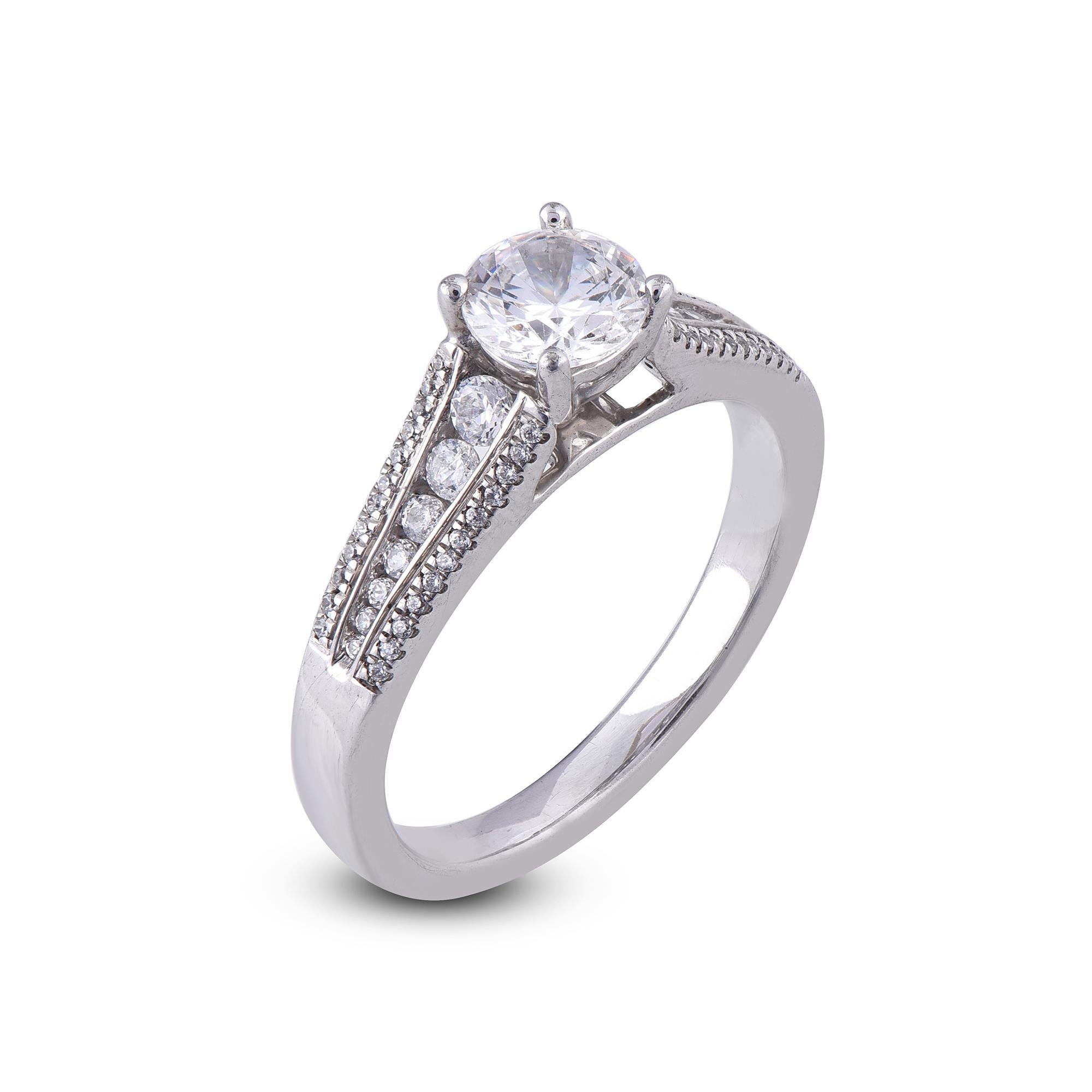 Just her style, these sparkling diamond engagement ring are certain to dazzle and delight. Handcrafted by our experts in 18 karat white gold and studded with 0.70ct center stone and 0.30ct lined shank diamonds, and features 63 round brilliant