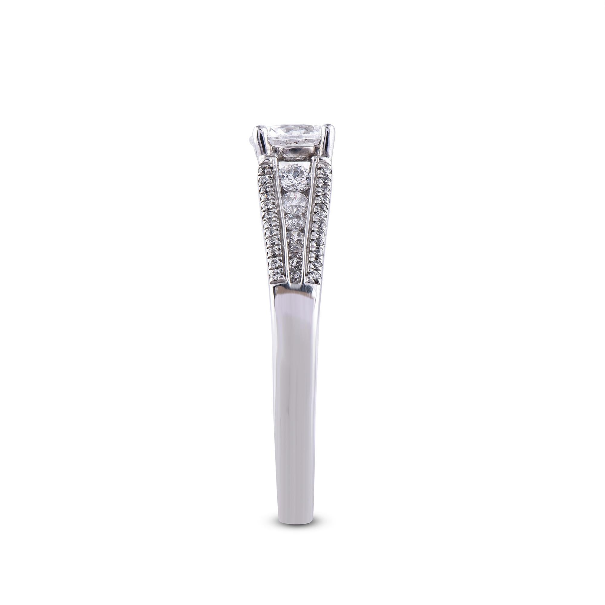 Round Cut TJD 1.0 Carat Round Diamond 18 Karat White Gold Engagement Ring For Sale