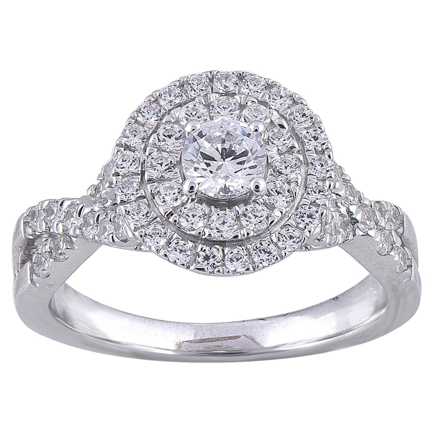 TJD 1.0 Carat Round Diamond 18 Karat White Gold Halo Bridal Engagement Ring