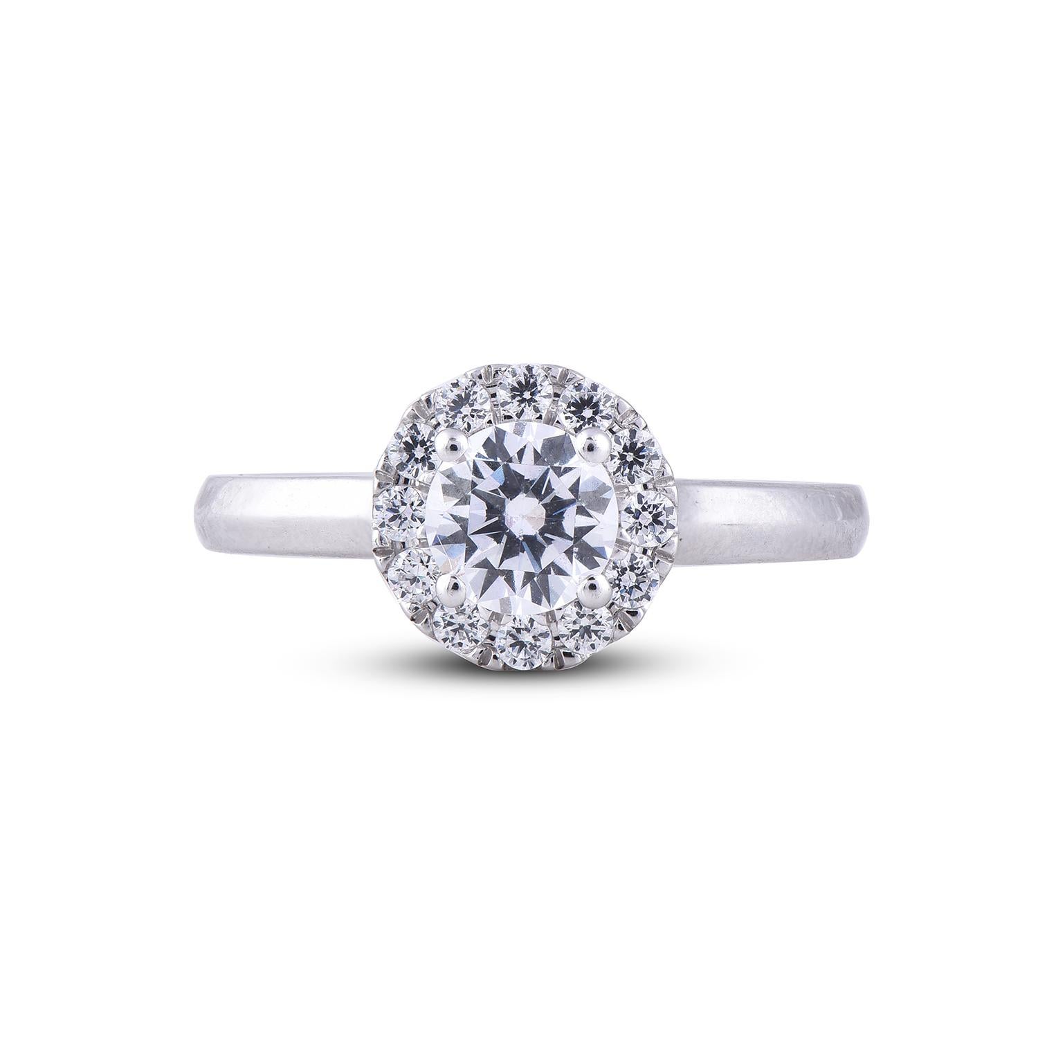 Art Déco TJD Anello di fidanzamento a forma di aureola con diamante rotondo da 1,0 carati in oro bianco da 18 carati in vendita