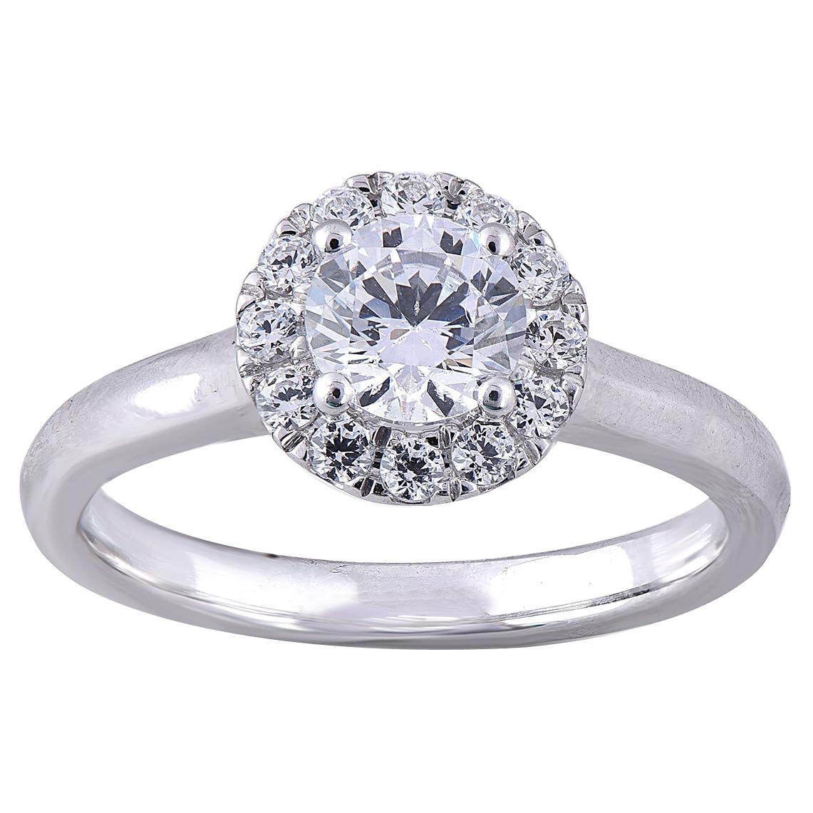 TJD 1.0 Carat Round Diamond 18 Karat White Gold Halo Engagement Wedding Ring