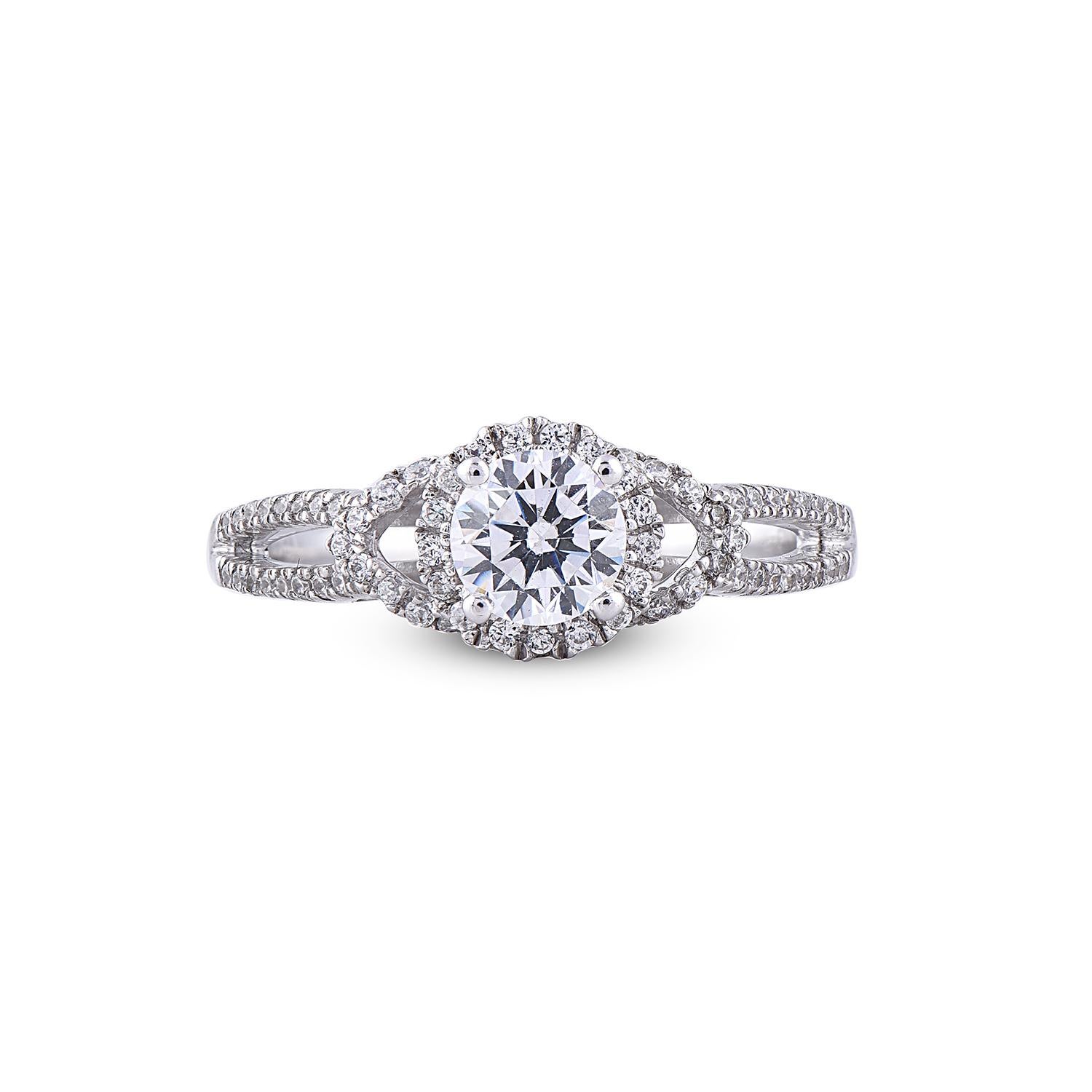 TJD 1,0 Karat runder Diamant 18 Karat Weißgold Halo Ehering mit Verlobungsring (Art déco) im Angebot