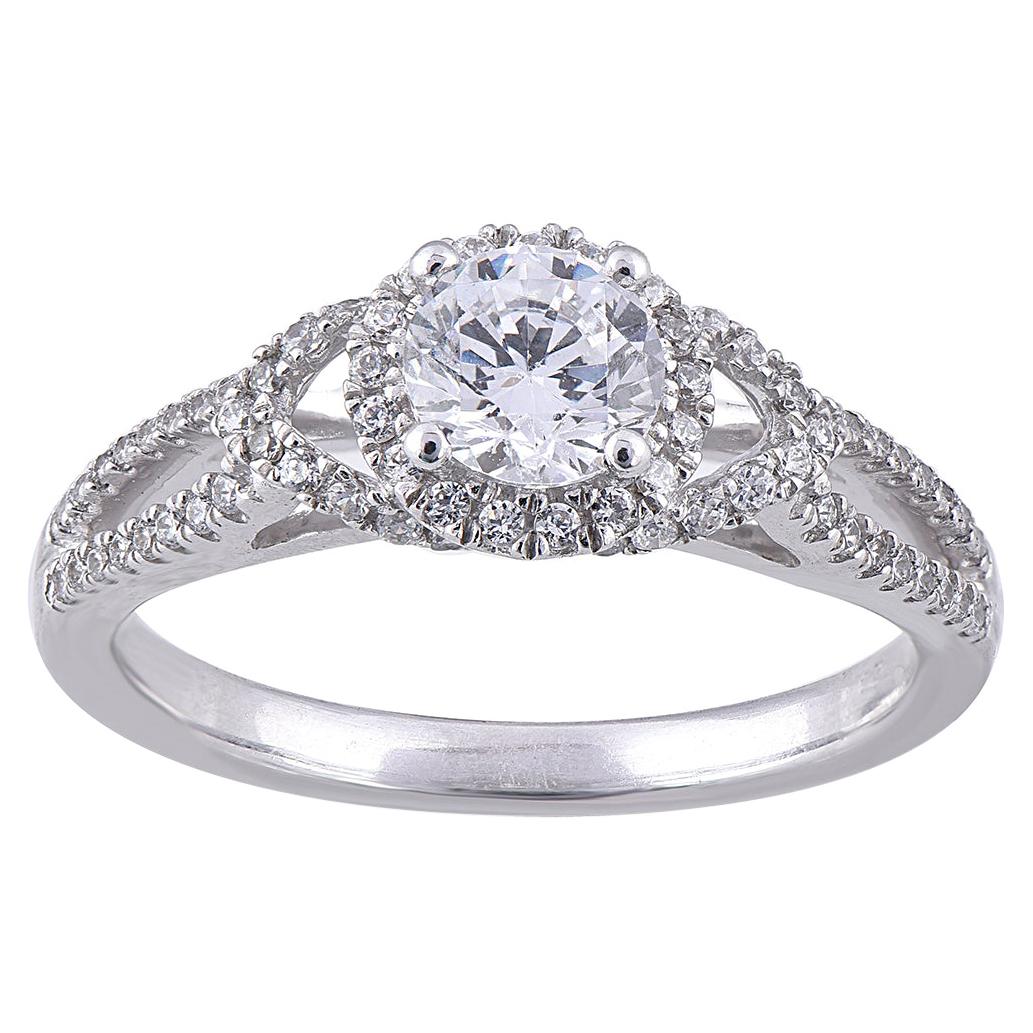 TJD 1.0 Carat Round Diamond 18 Karat White Gold Halo Wedding Engagement Ring