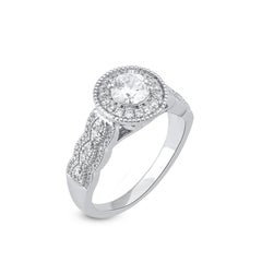 TJD 1.0 Carat Round Diamond 18 Karat White Gold Scallop Shank Bridal Ring