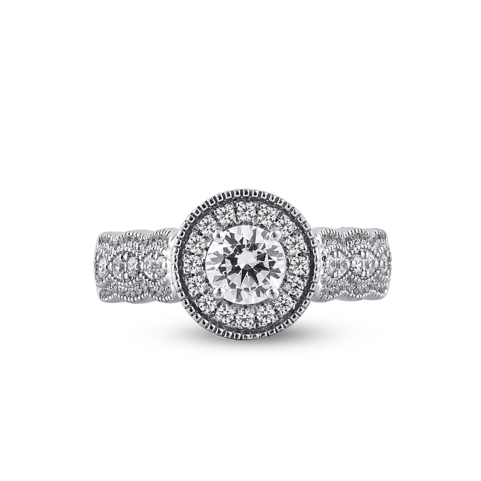 Contemporary TJD 1.0 Carat Round Diamond 18 Karat White Gold Scallop Shank Bridal Ring For Sale