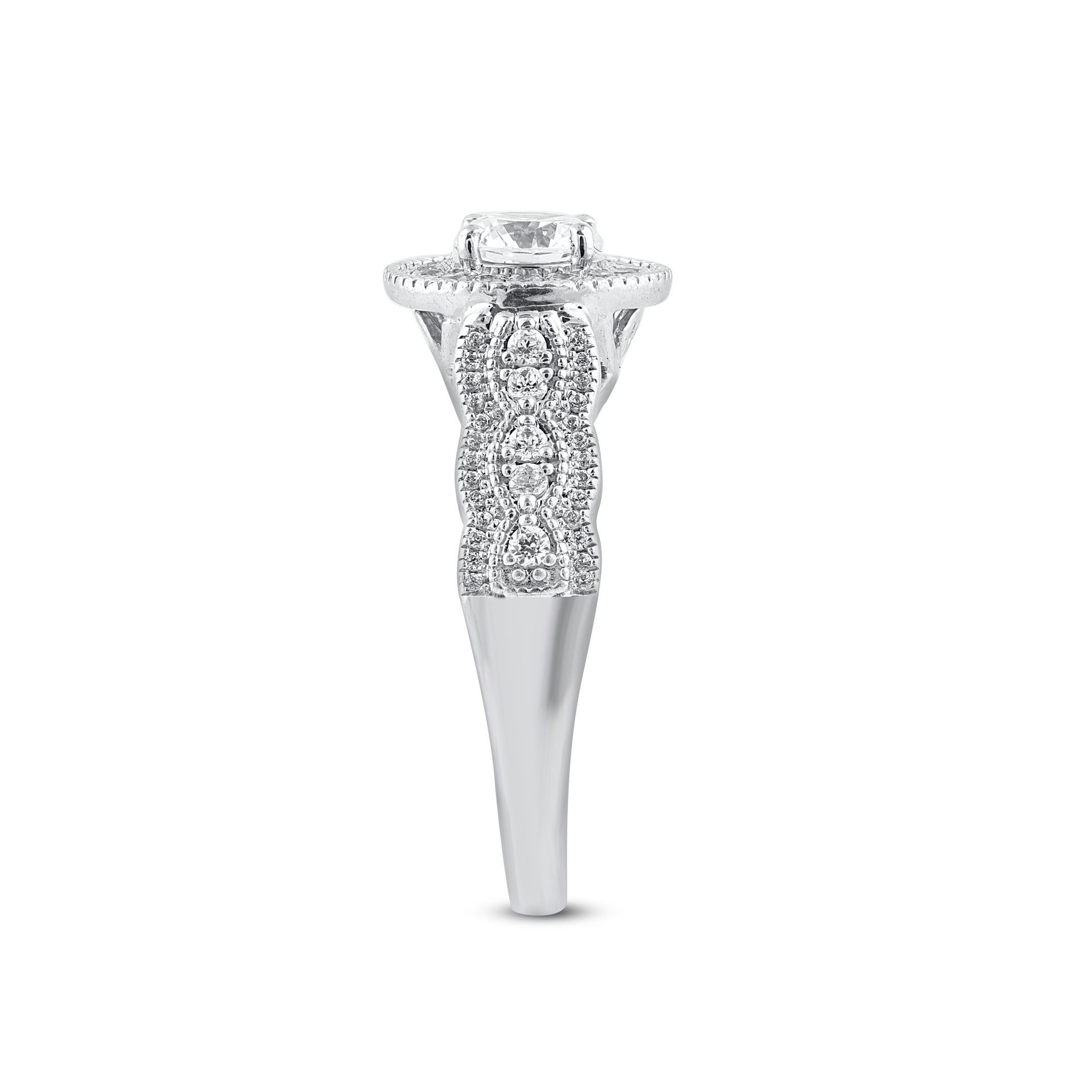 Round Cut TJD 1.0 Carat Round Diamond 18 Karat White Gold Scallop Shank Bridal Ring For Sale