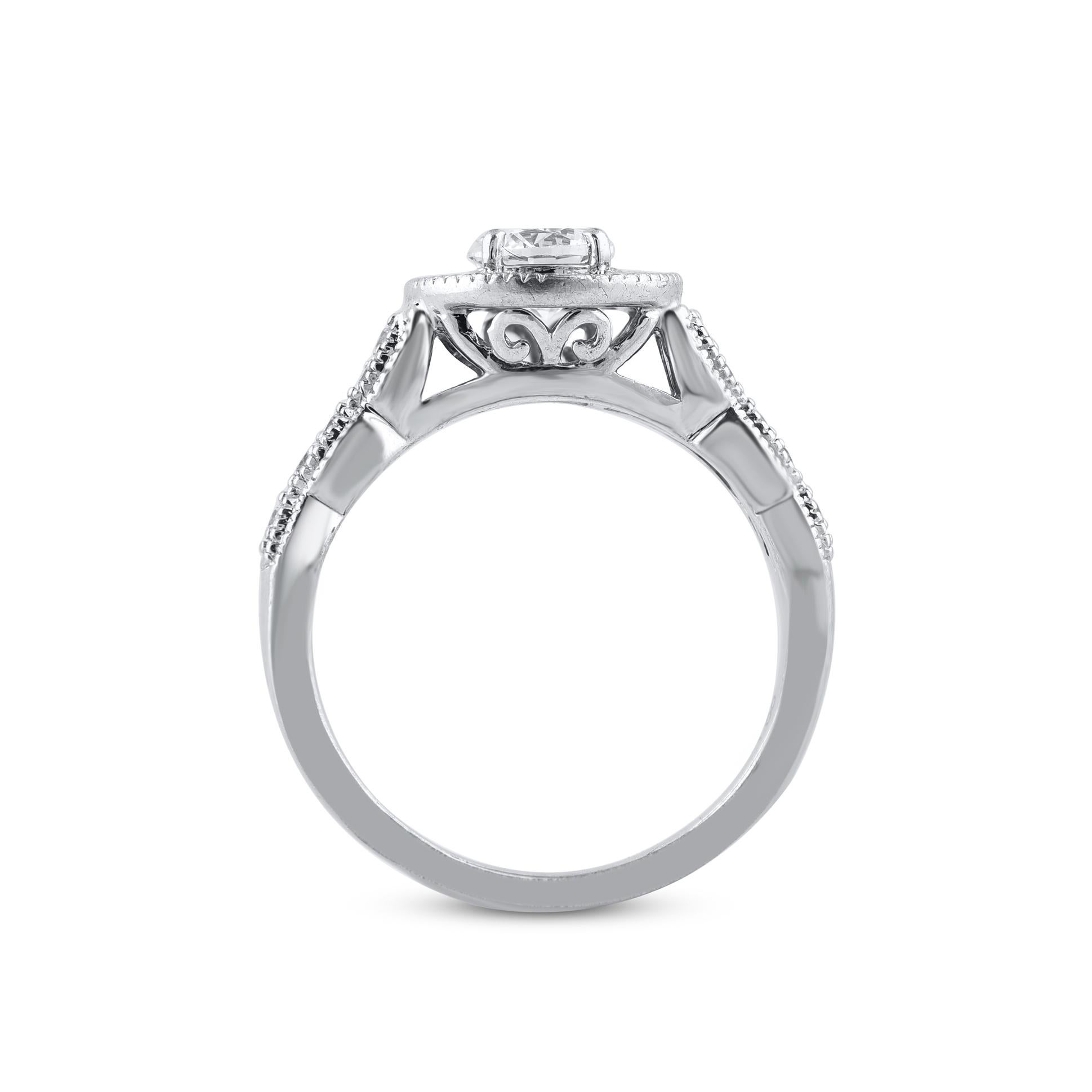 TJD 1.0 Carat Round Diamond 18 Karat White Gold Scallop Shank Bridal Ring In New Condition For Sale In New York, NY