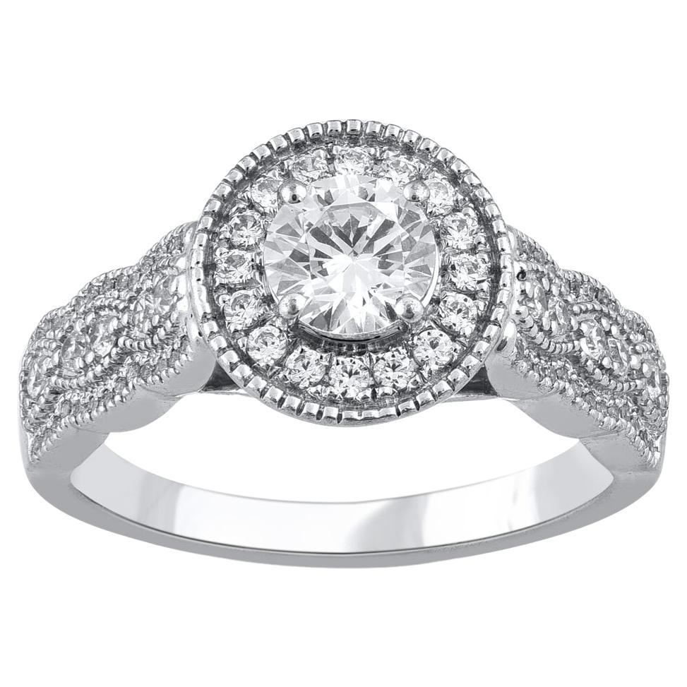 TJD 1.0 Carat Round Diamond 18 Karat White Gold Scallop Shank Bridal Ring