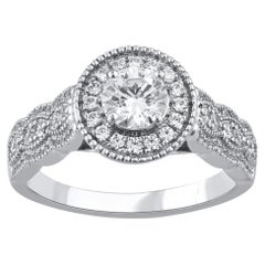 TJD 1.0 Carat Round Diamond 18 Karat White Gold Scallop Shank Bridal Ring