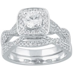 Used TJD 1.0 Carat Round Diamond 18 Karat White Gold Twisted Shank Bridal Ring Set