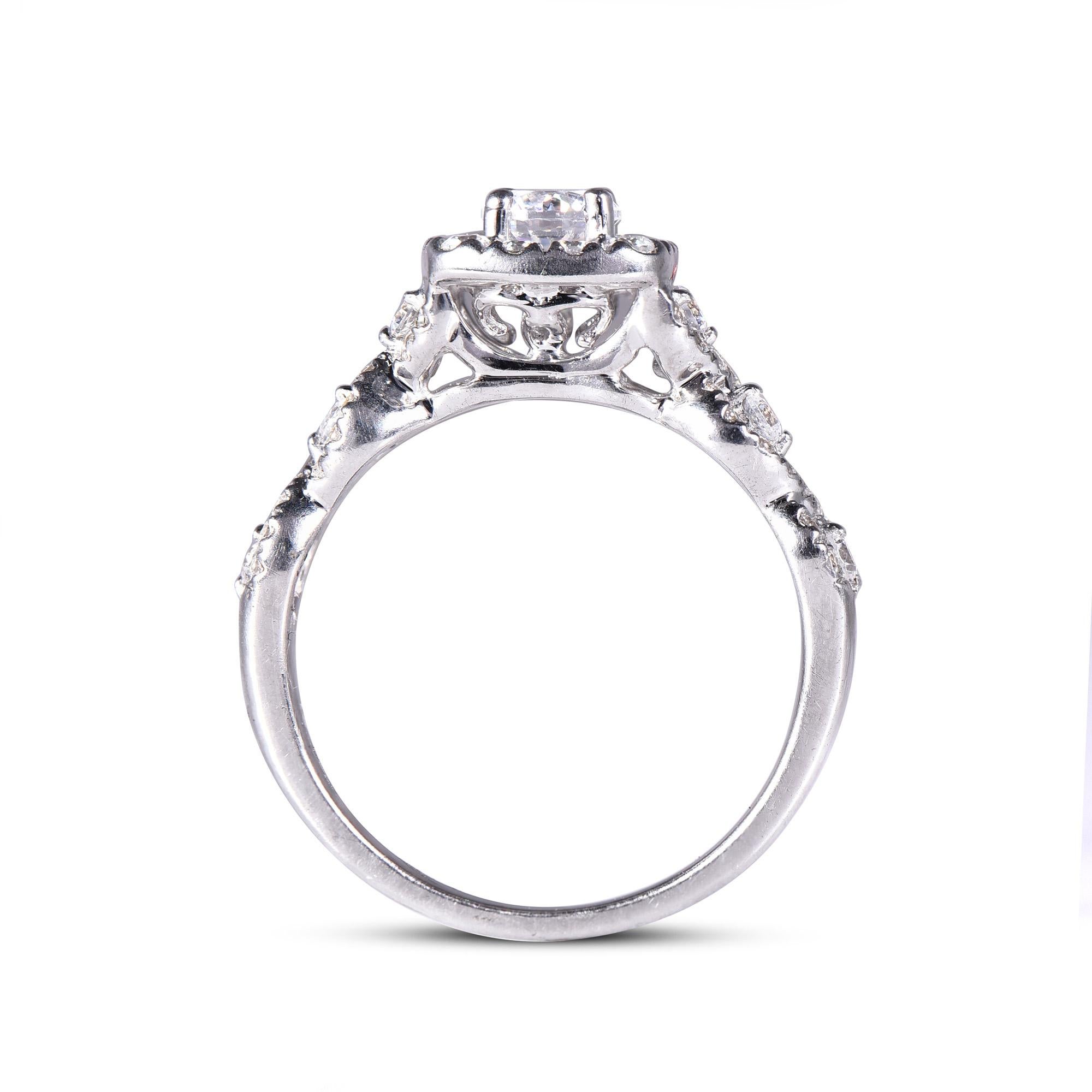 Round Cut TJD 1.0 Carat Round Diamond 18 Karat White Gold Twisted Shank Engagement Ring For Sale