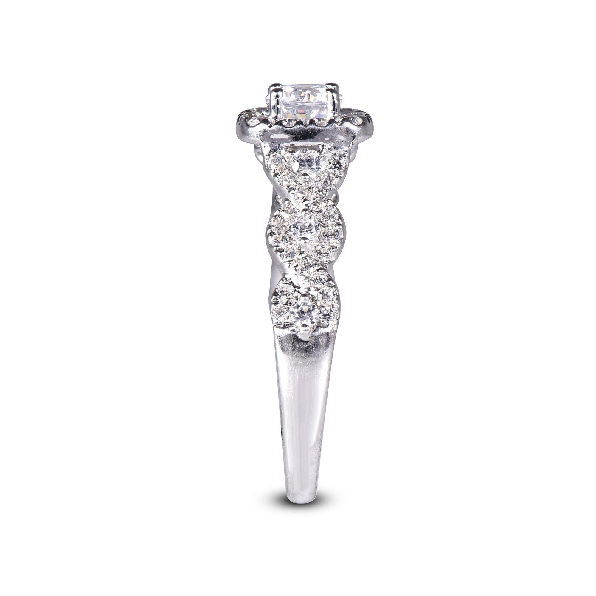 TJD 1.0 Carat Round Diamond 18 Karat White Gold Twisted Shank Engagement Ring In New Condition For Sale In New York, NY