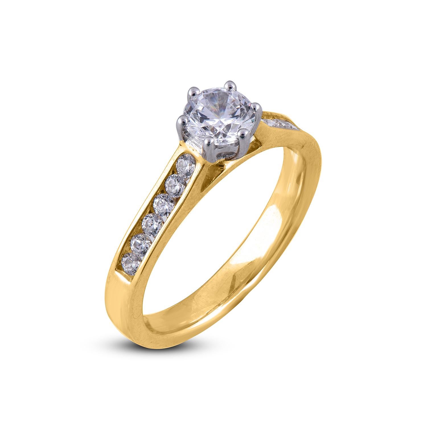 La bague de fiançailles exquise à pont de diamants présente une pierre centrale de 0,60 ct et des diamants de 0,40 ct sur l'arête bordée de diamants. La Nature est faite d'or jaune 18 carats étincelant en finition polie et sertie de 13 diamants
