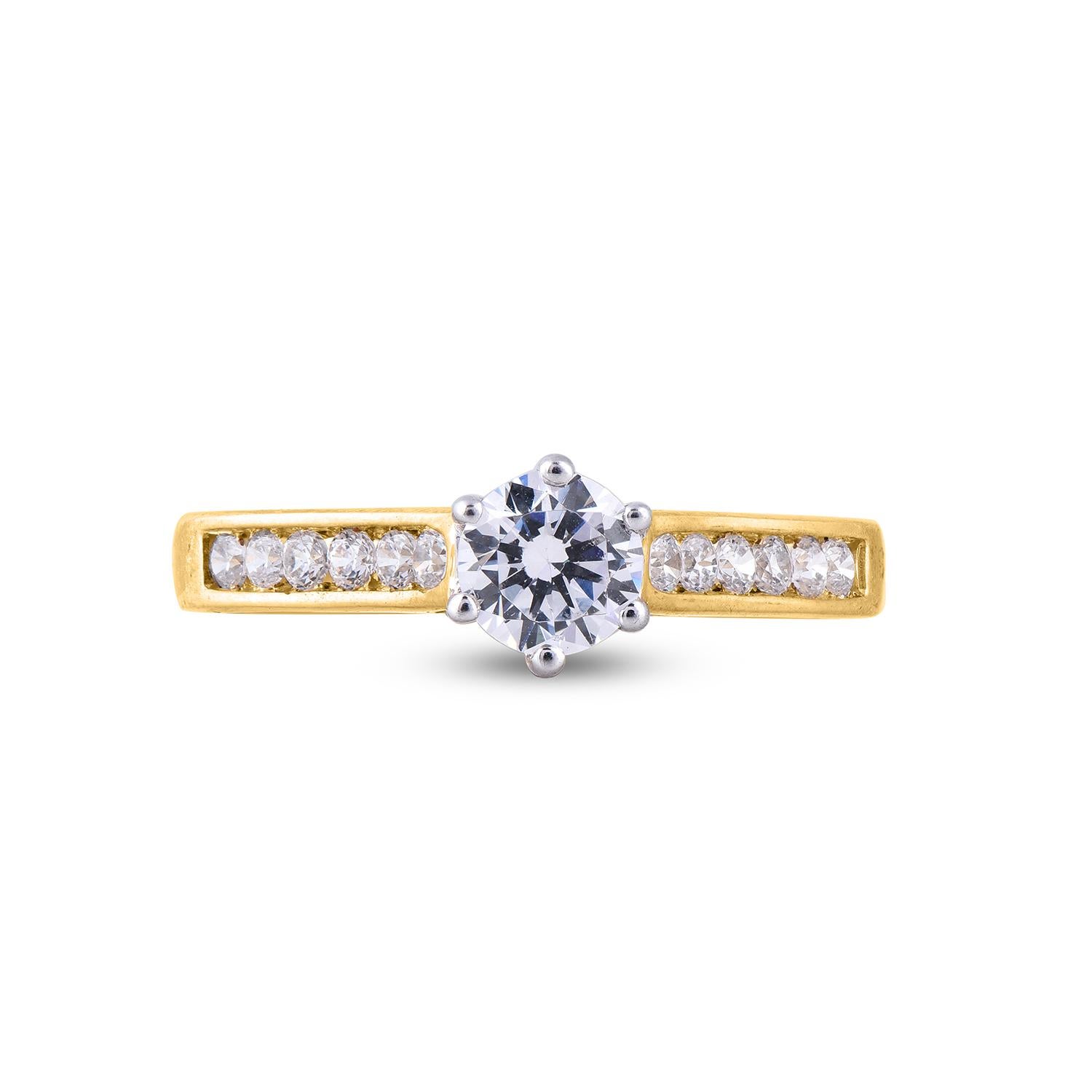 Art déco TJD Bague de fiançailles Bridge Accent en or jaune 18 carats avec diamants ronds de 1,0 carat en vente