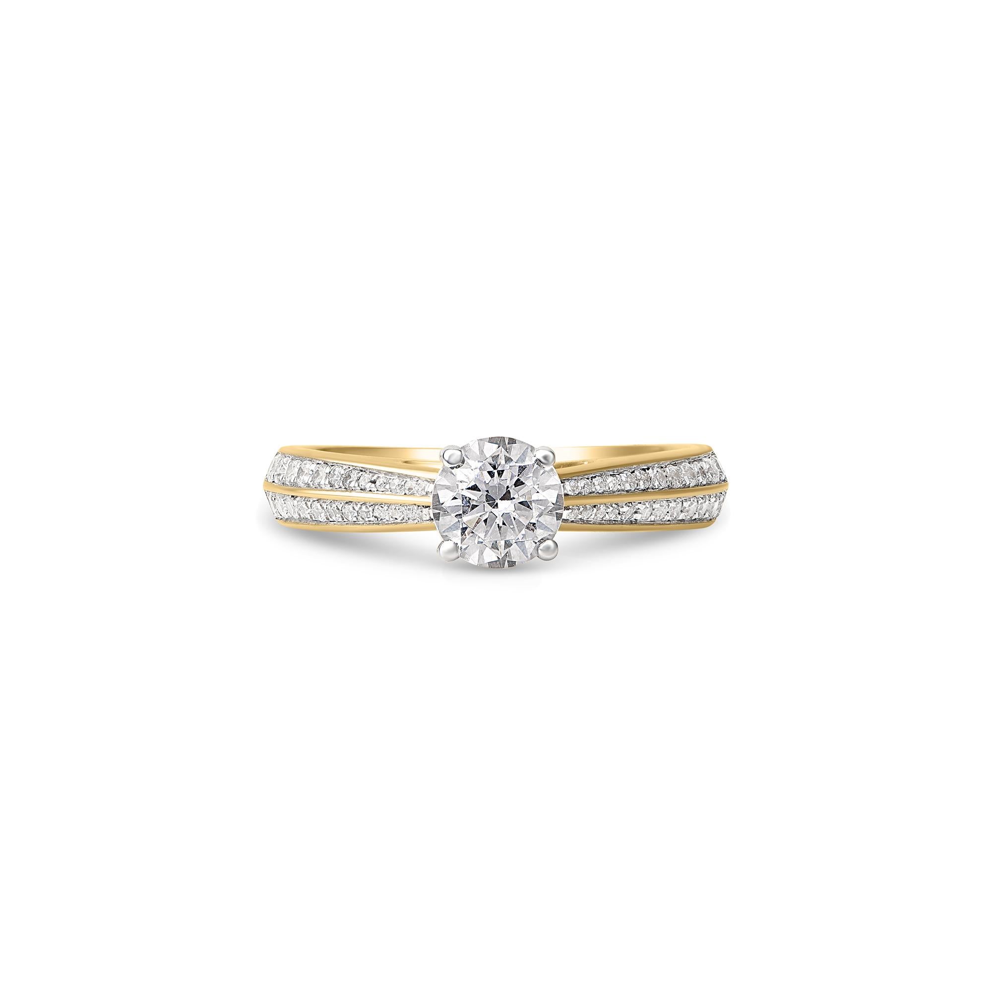 Modern TJD 1.0 Carat Round Diamond 18 Karat Yellow Gold Enticing Engagement Ring For Sale