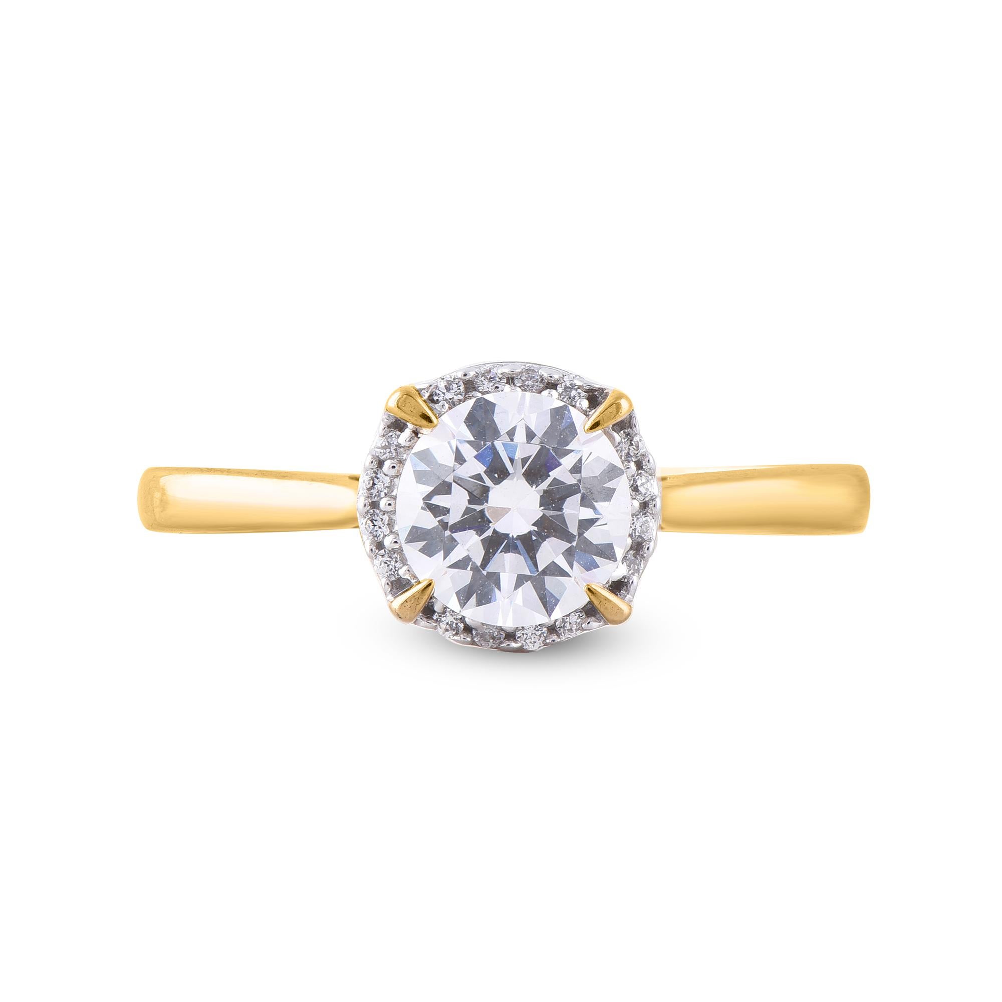 Art Deco TJD 1.0 Carat Round Diamond 18 Karat Yellow Gold Halo Engagement Ring For Sale