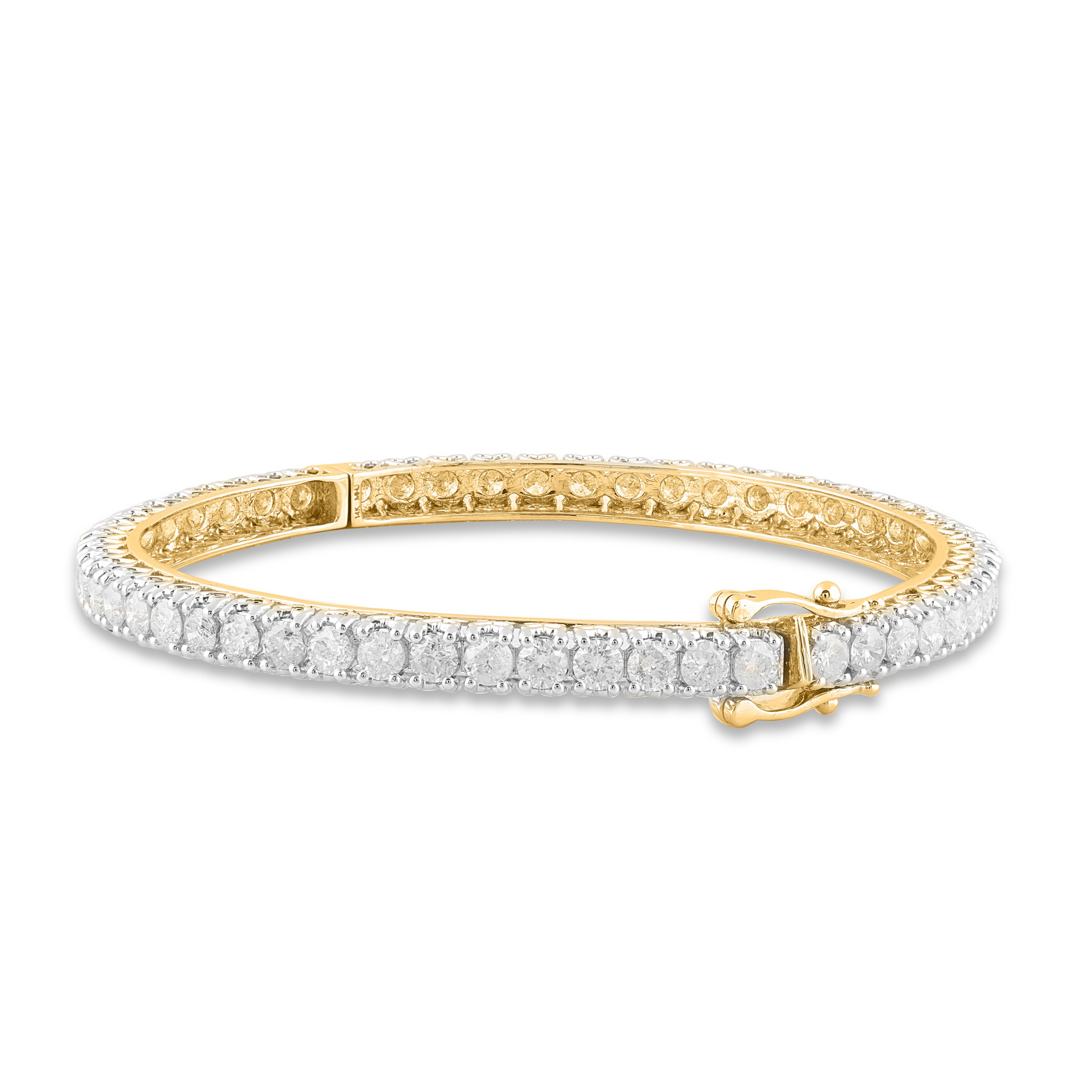 Round Cut TJD 10 Carat Round Diamond 18K Yellow Gold Classis Full Eternity Hinged Bangle For Sale