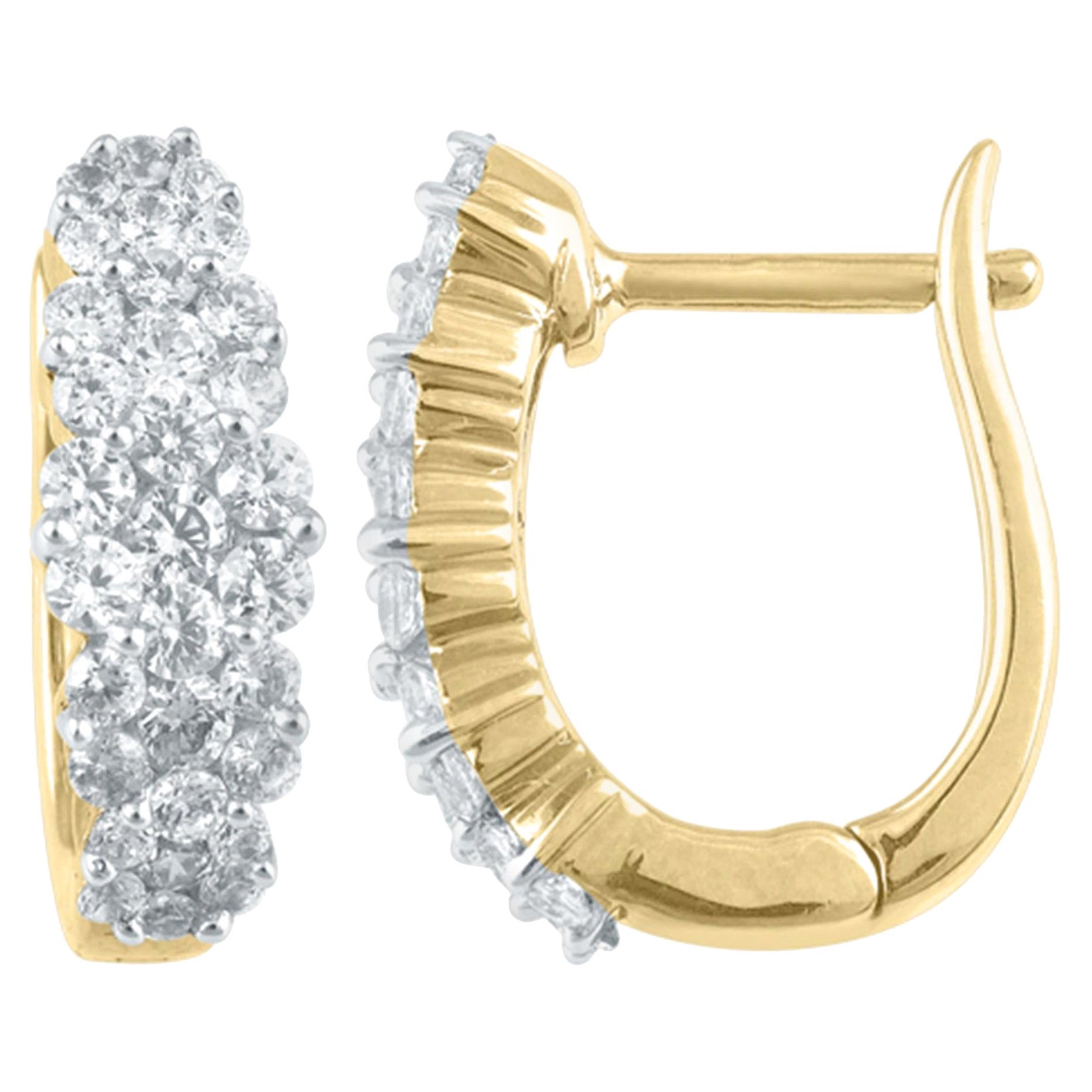 TJD 1.0 Carat Round Diamond 18Karat Yellow Gold Cluster Huggie Fashion Earrings For Sale