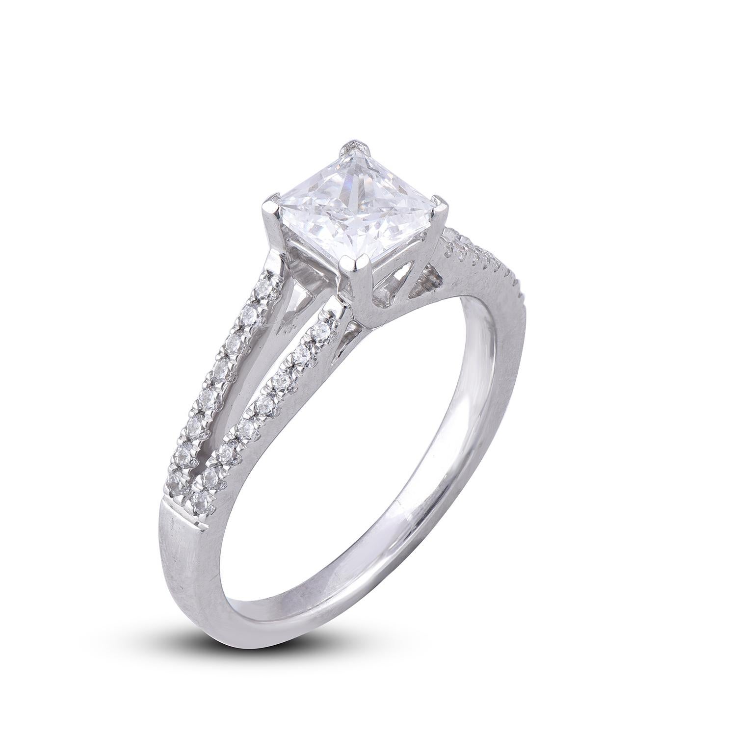 Simply stunning engagement ring features 0.75 ct center stone and 0.25 ct diamond frame and split shank lined diamonds. This ring is handcrafted in 18KT white gold and embellished with 79 brilliant round diamond set in prong and micro-pave setting.