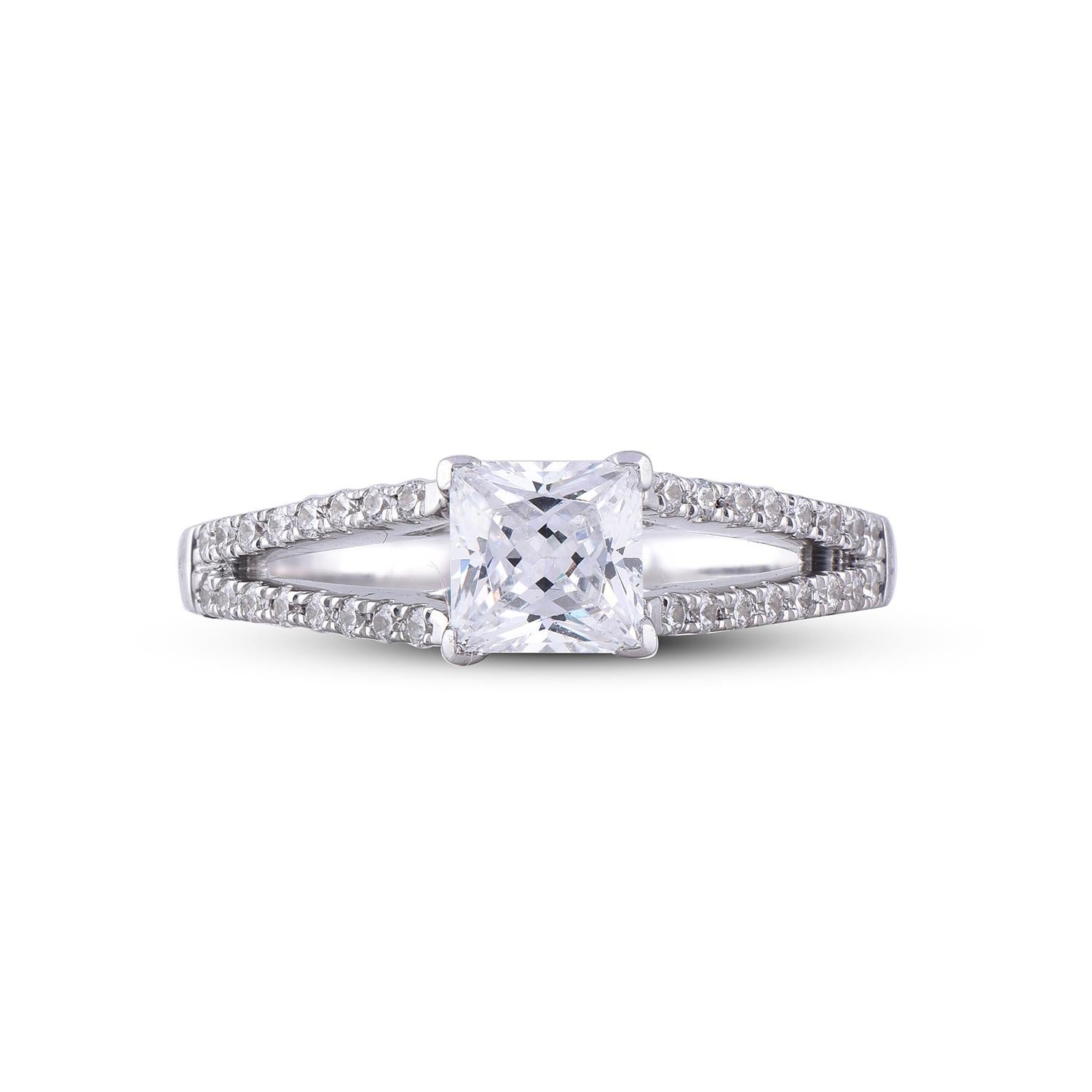 Art Deco TJD 1.0 Carat Round Diamond 18KT White Gold Square Princess Engagement Ring For Sale