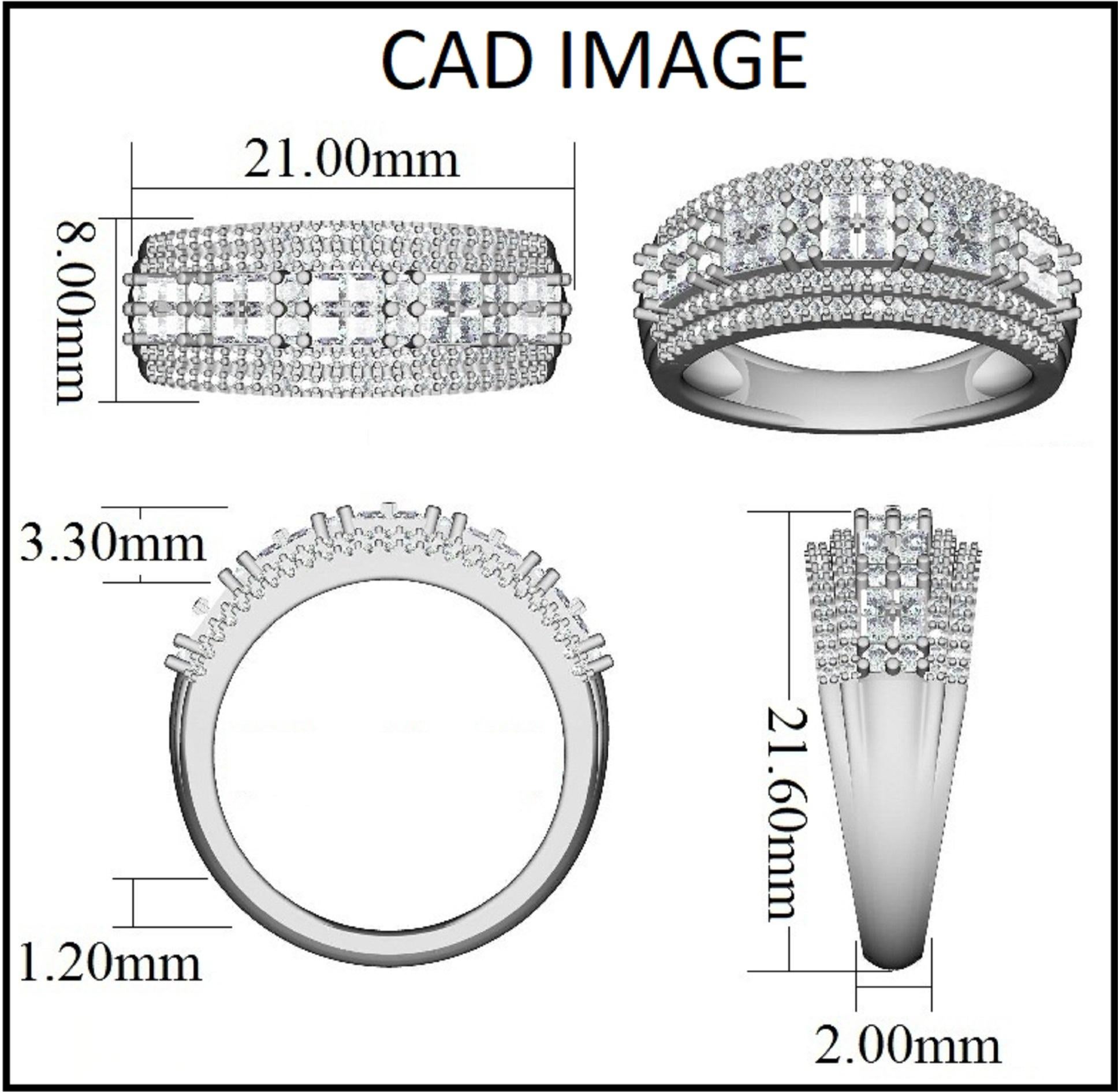 Designed with romance in mind, this diamond wide wedding band increases the sparkle factor. The ring is crafted from 14 karat gold in your choice of white, rose, or yellow, and features 116 round and 20 princess-cut diamond set in pressure, prong