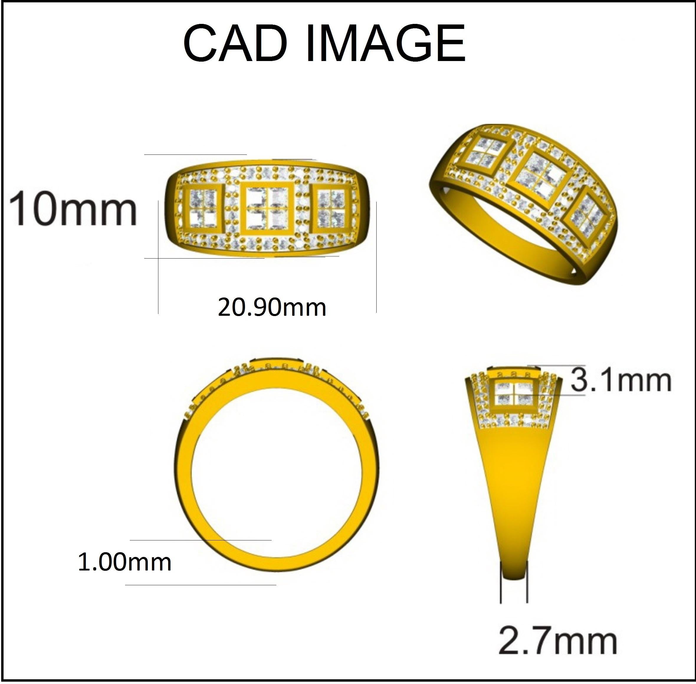 Stunning and classic, this diamond ring is beautifully crafted in 14 KT Solid yellow gold. The wide band is lined with rows of sparkling 44 round and 12 princess cut diamonds in secured pave and invisible settings. the diamonds are natural,