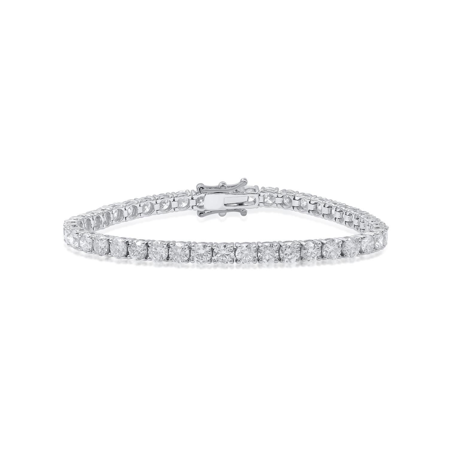 Crafted in 18 KT white gold, this bracelet shines brightly with 43 round-cut diamonds set in prong, diamond details H-I Color, I1-I2 Clarity.  This classic bracelet with match perfectly with all your styles. 