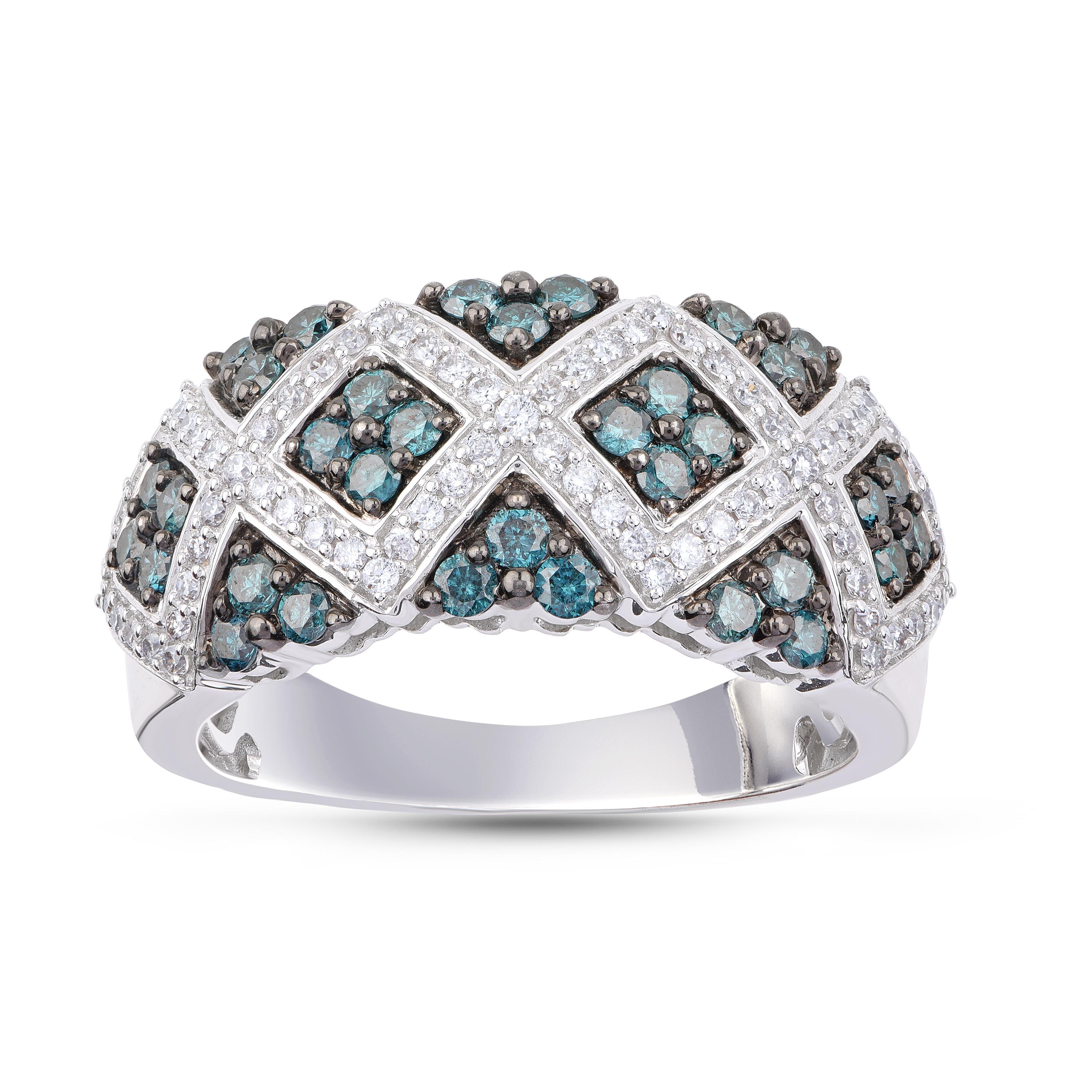 This diamond band is studded with 77 brilliant and 34 blue diamonds in prong and pave setting and designed in 18KT white gold. Diamonds are graded H-I Color, I2 Clarity.