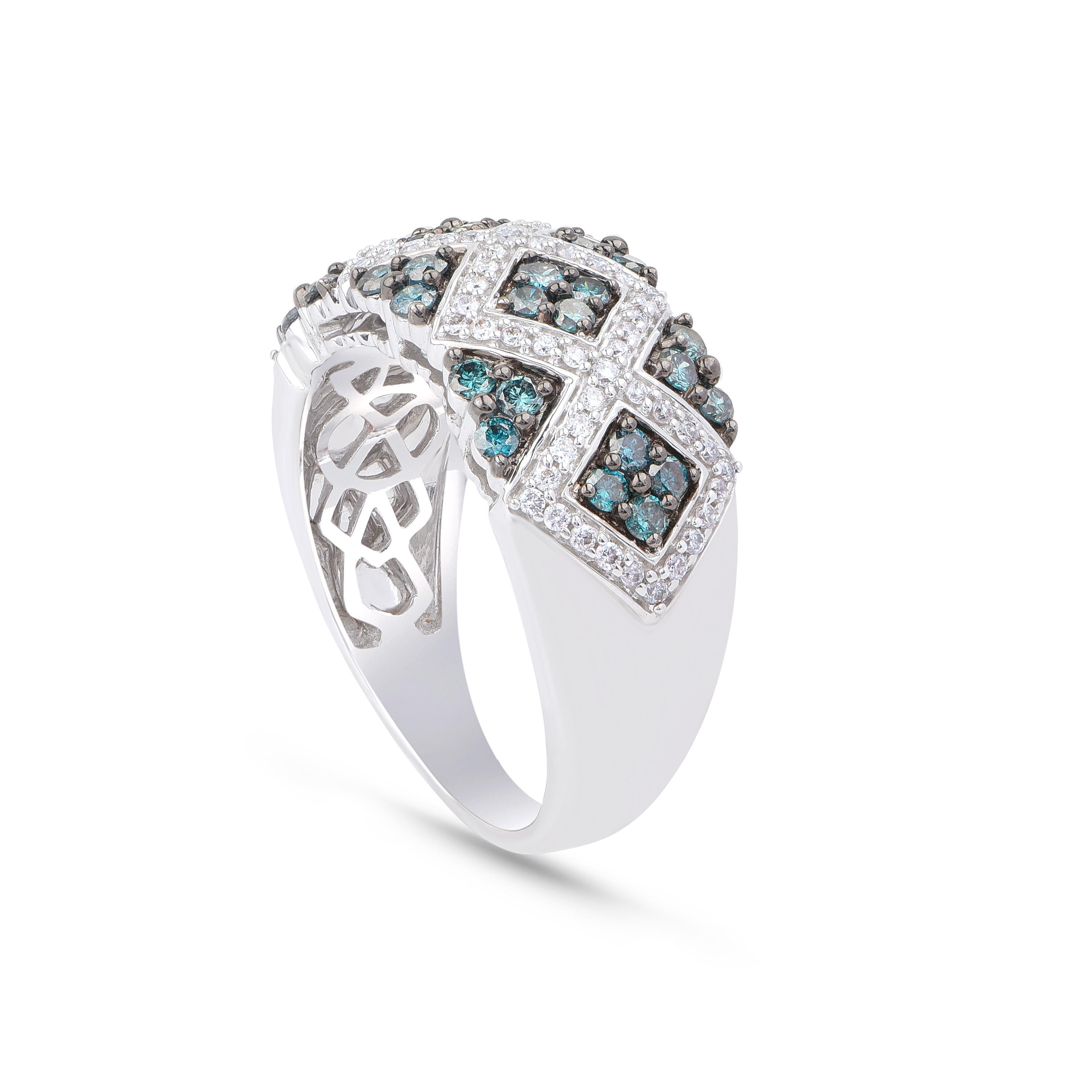 Modern TJD 1.0 Carat White and Blue Diamond 18KT White Gold Square Design Wedding Ring For Sale