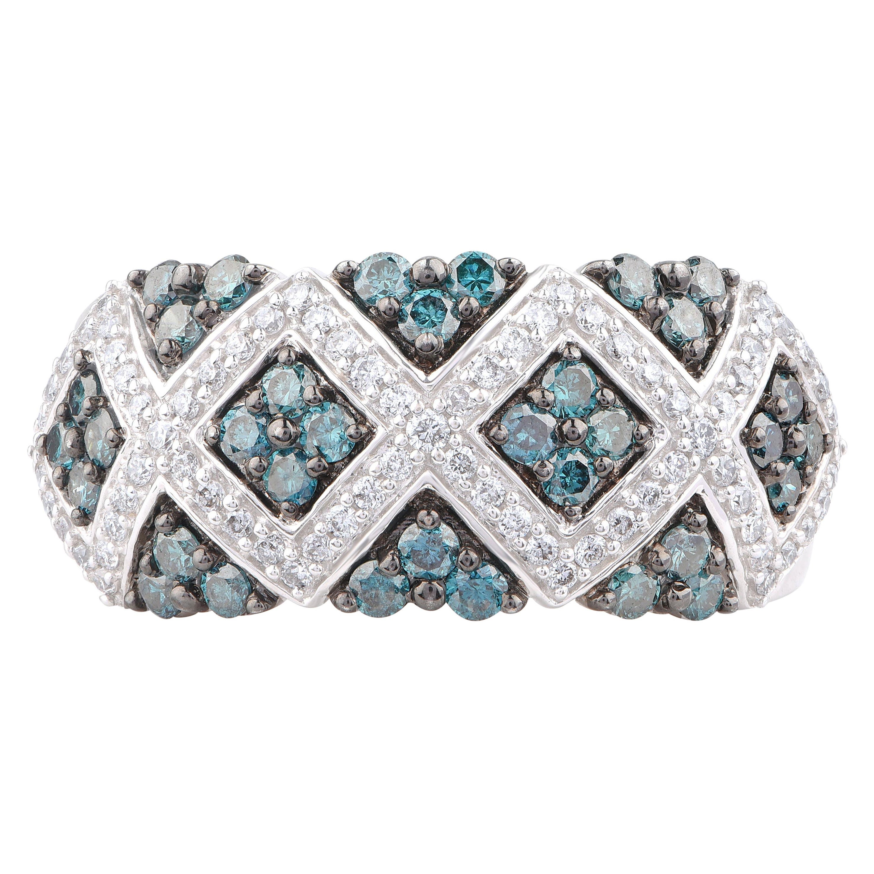 TJD 1.0 Carat White and Blue Diamond 18KT White Gold Square Design Wedding Ring