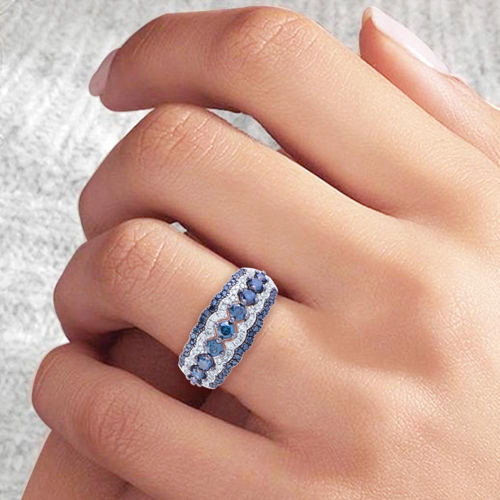 TJD 1,0 Karat Weißer & Blauer behandelter Diamant 14 Karat Weißgold Ehering (Rundschliff) im Angebot