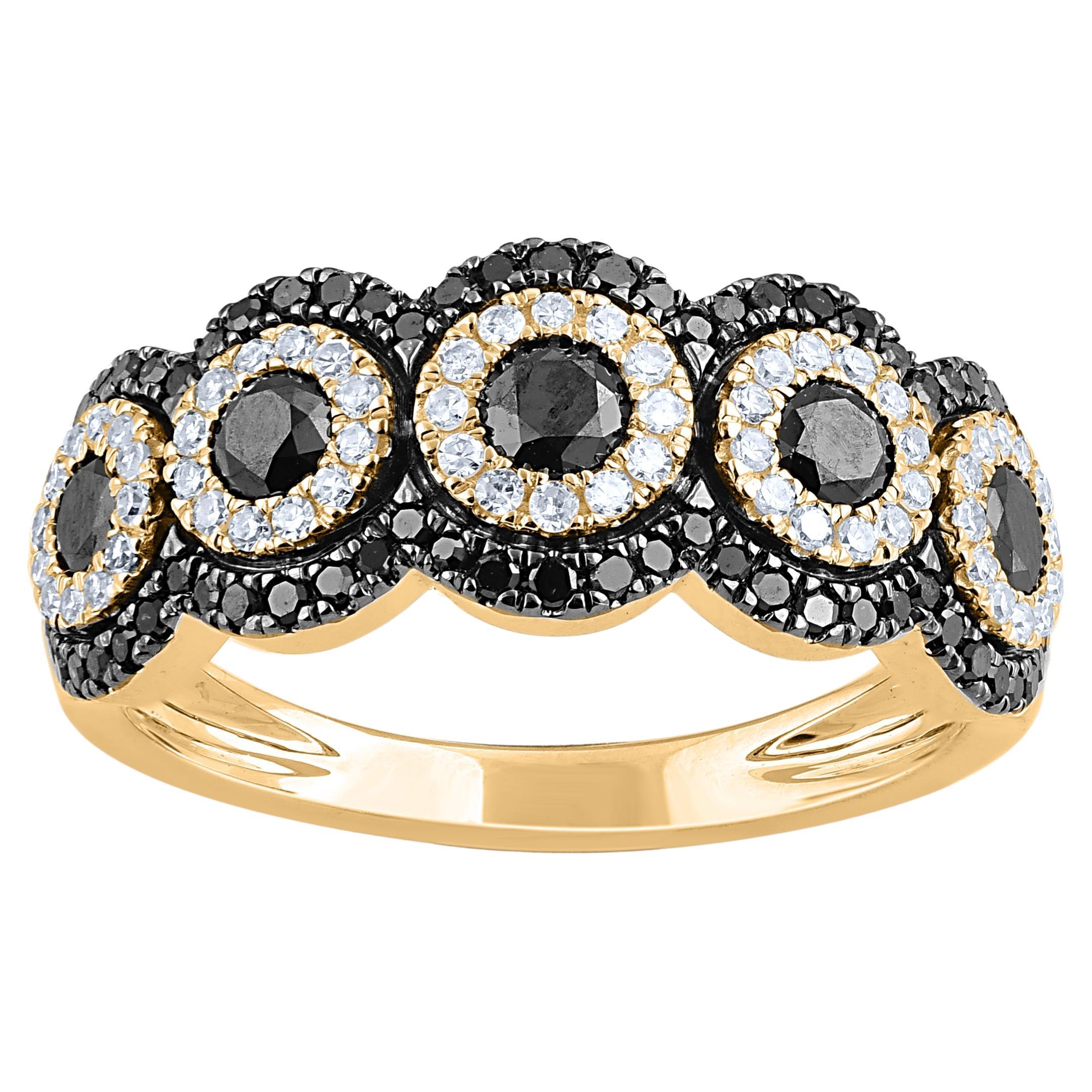 TJD 1.0 Carat White & Treated Black Diamond 14 Karat Yellow Gold Halo Band Ring For Sale