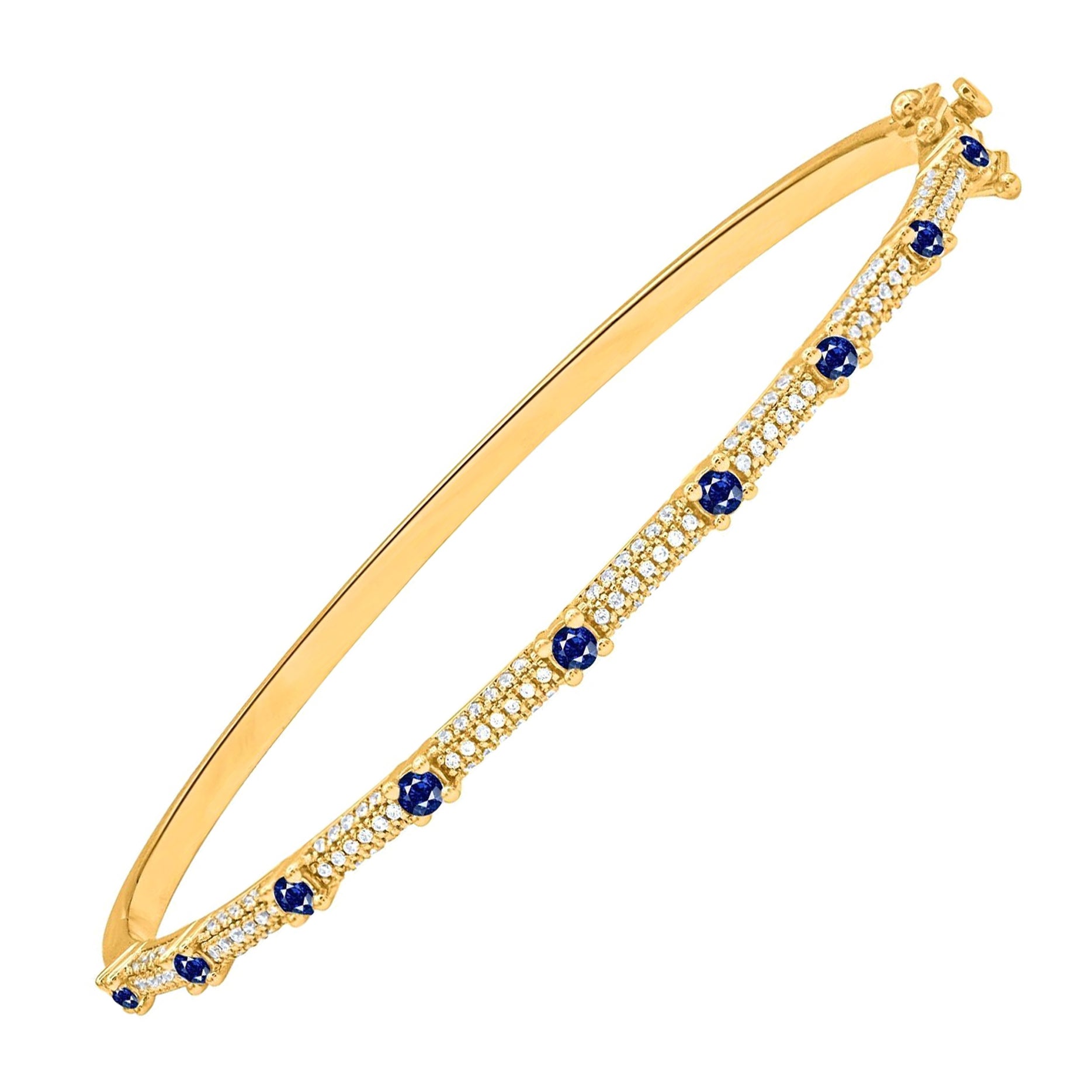 TJD 1.0 Ct Natural Diamond and Blue Sapphire Bangle Bracelet in 14KT Yellow Gold For Sale