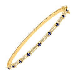 TJD 1.0 Ct Natural Diamond and Blue Sapphire Bangle Bracelet in 14KT Yellow Gold