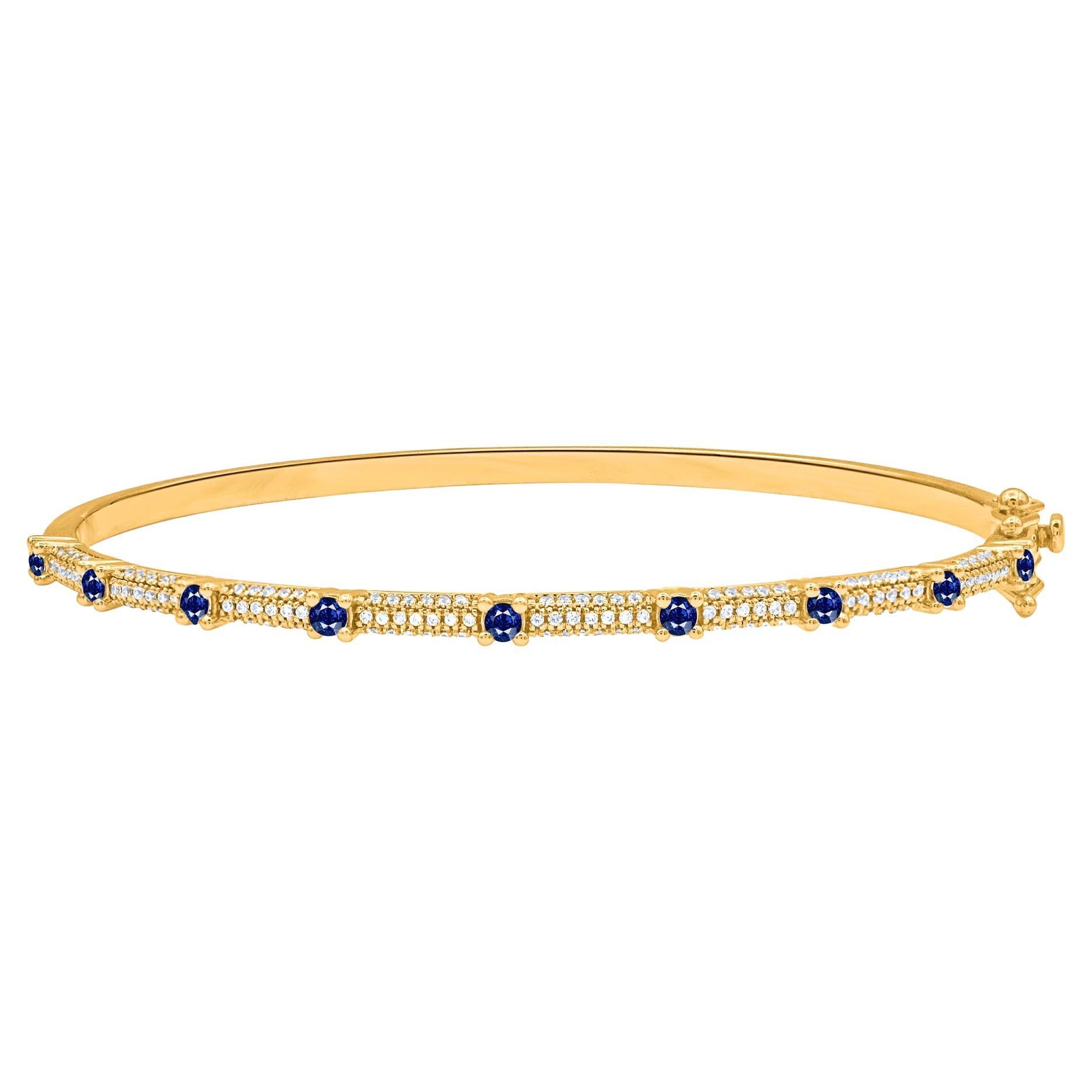 TJD 1.0 Ct Natural Diamond and Blue Sapphire Bangle Bracelet in 18KT Yellow Gold For Sale