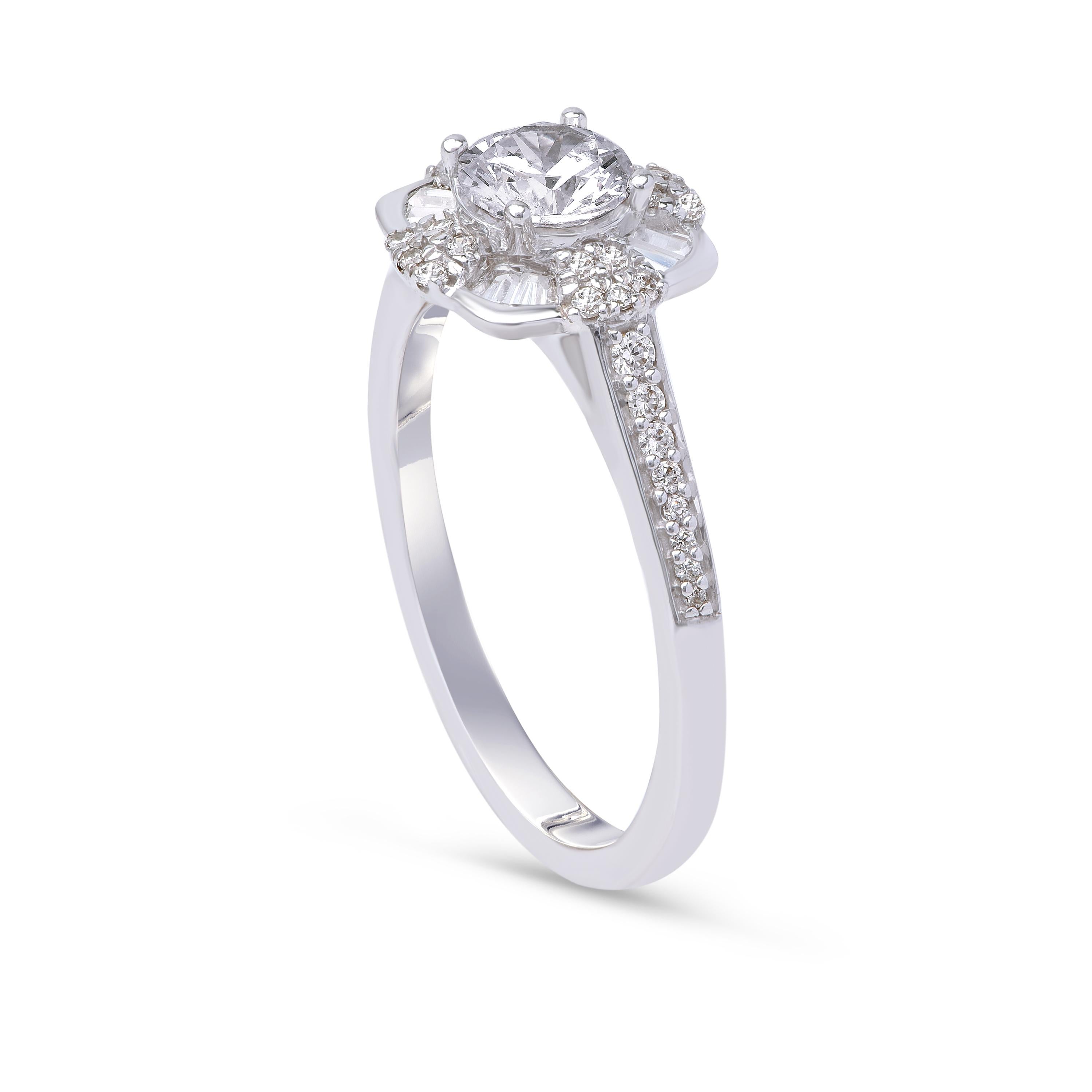Modern TJD 1.0 CT Round and Baguette Diamond 18 Karat White Gold Vintage Promise Ring For Sale