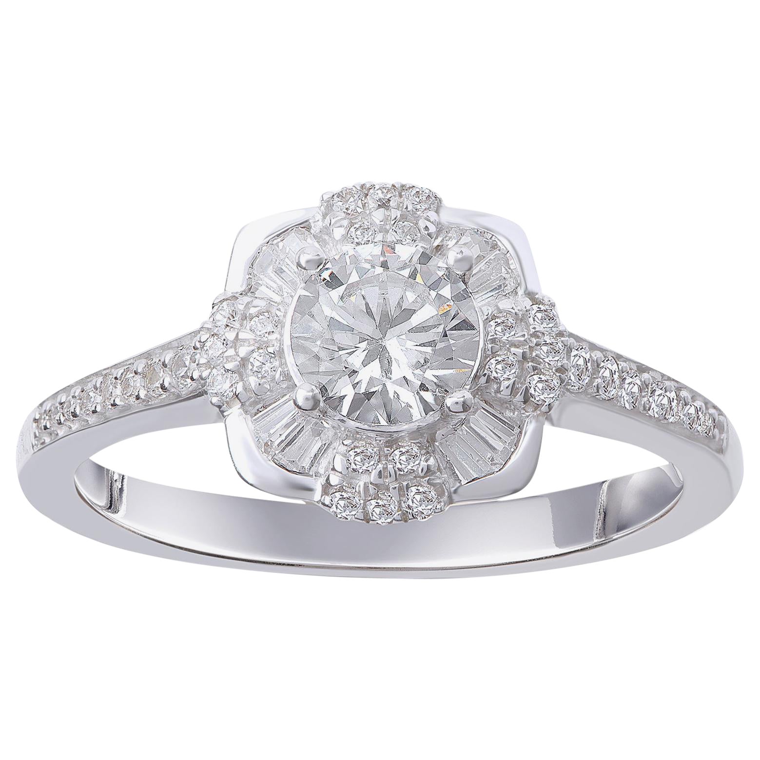 Bague promesse vintage en or blanc 18 carats avec diamants ronds et baguettes de 1,0 carat TJD