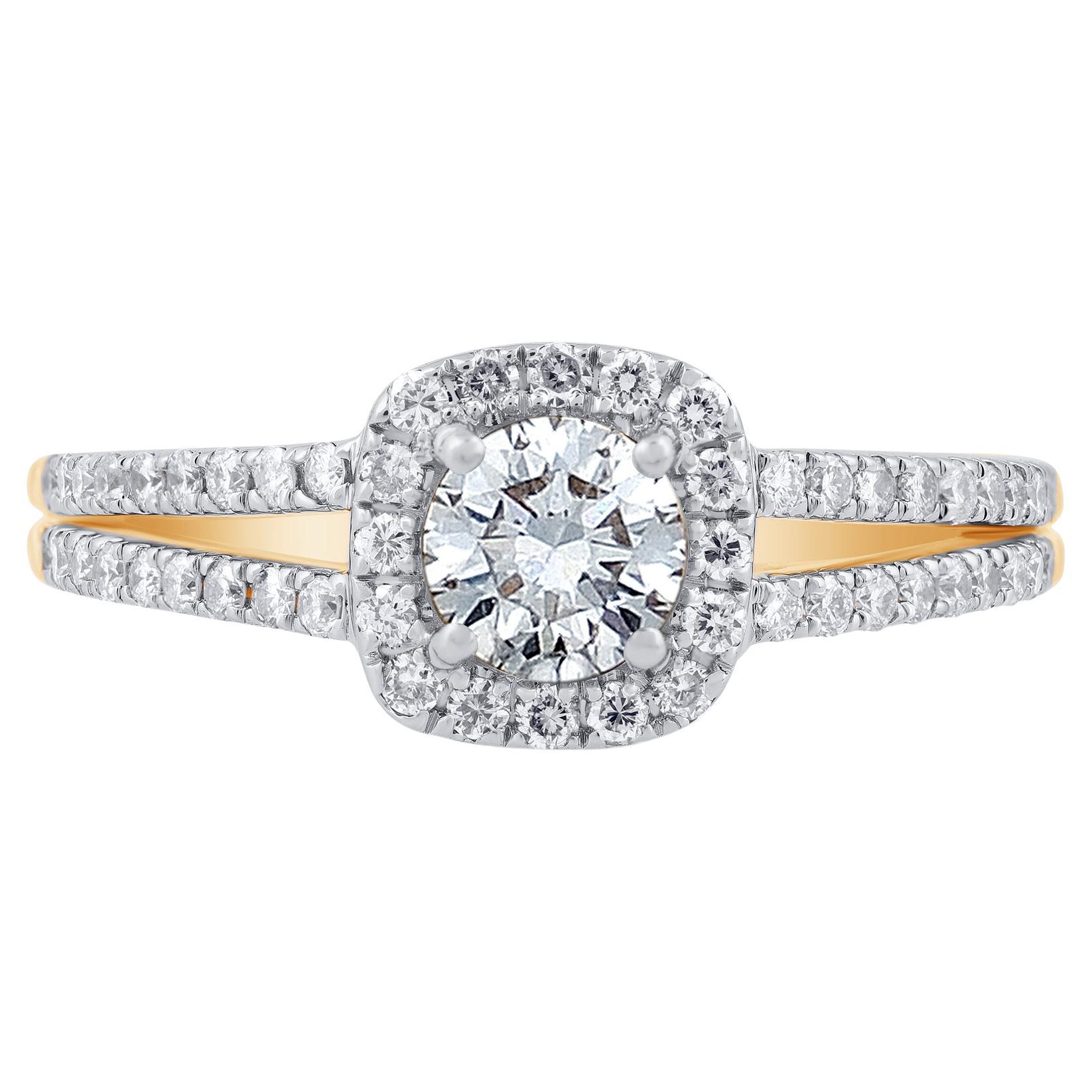 Give a touch of glamour to your fine jewelry collection with this diamond Ring. Crafted in 14KT yellow gold. This split shank ring is studded with 71 single cut & brilliant cut round diamonds in prong and pave setting, and diamonds are graded H-I
