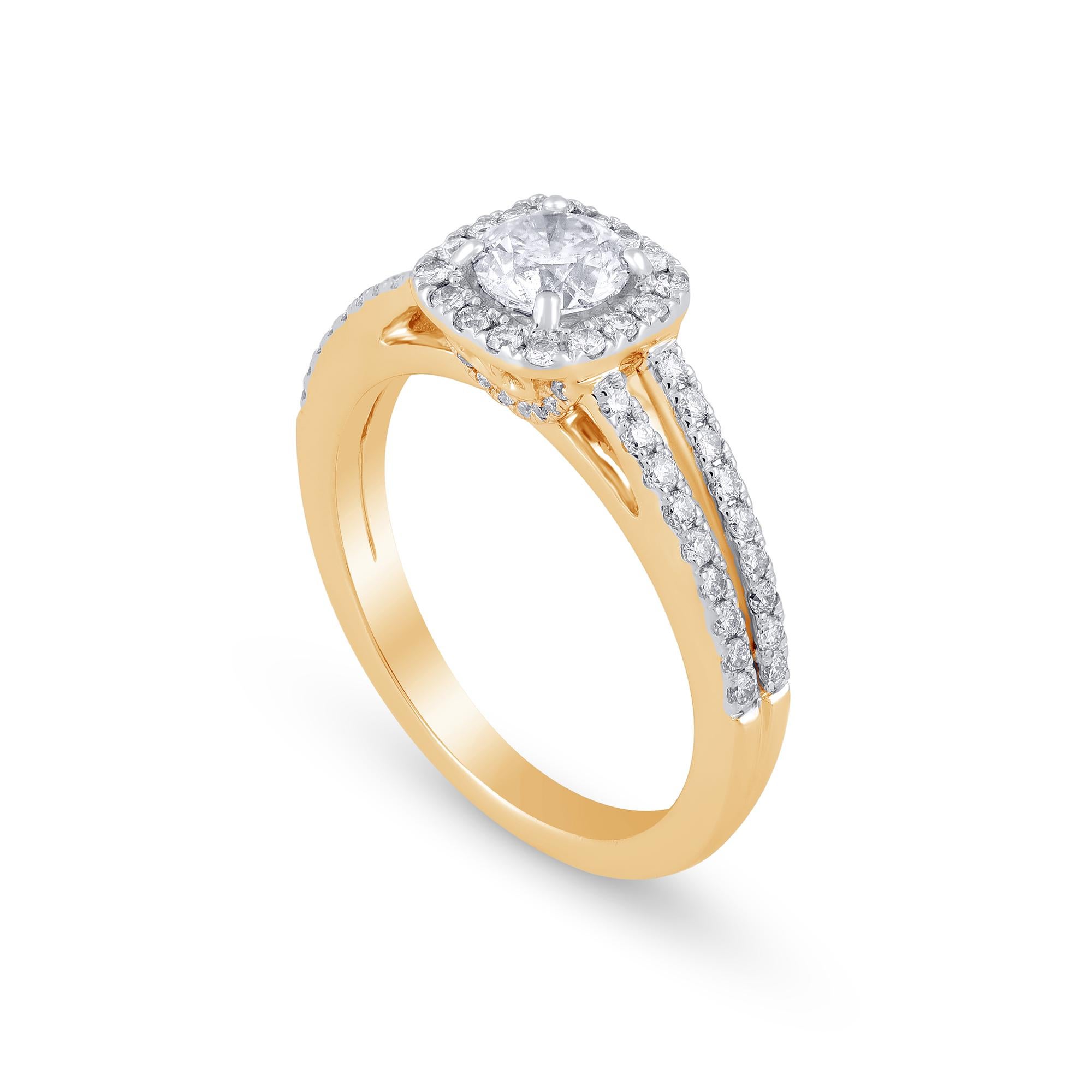Contemporain TJD 1.0 CT Round Diamond 14KT Yellow Gold Split Shank Classic Engagement Ring en vente