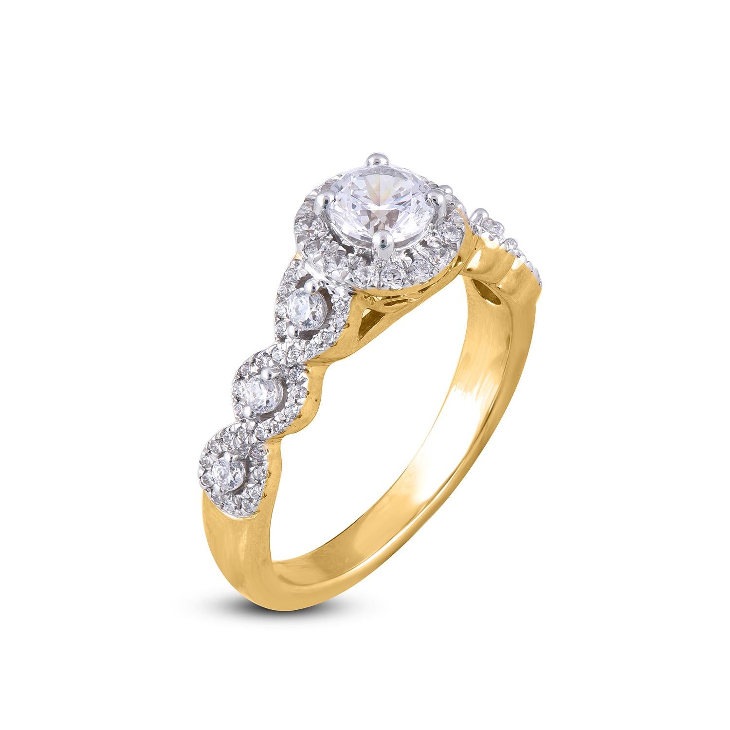 Stunning Twisted Shank Diamond Engagement Ring for Your Soul Mate! this ring is expertly crafted in 18 Karat Yellow Gold and features 0.50ct center stone and 0.50ct of diamond frame and shank lined with 82 round diamonds set in prong setting. The