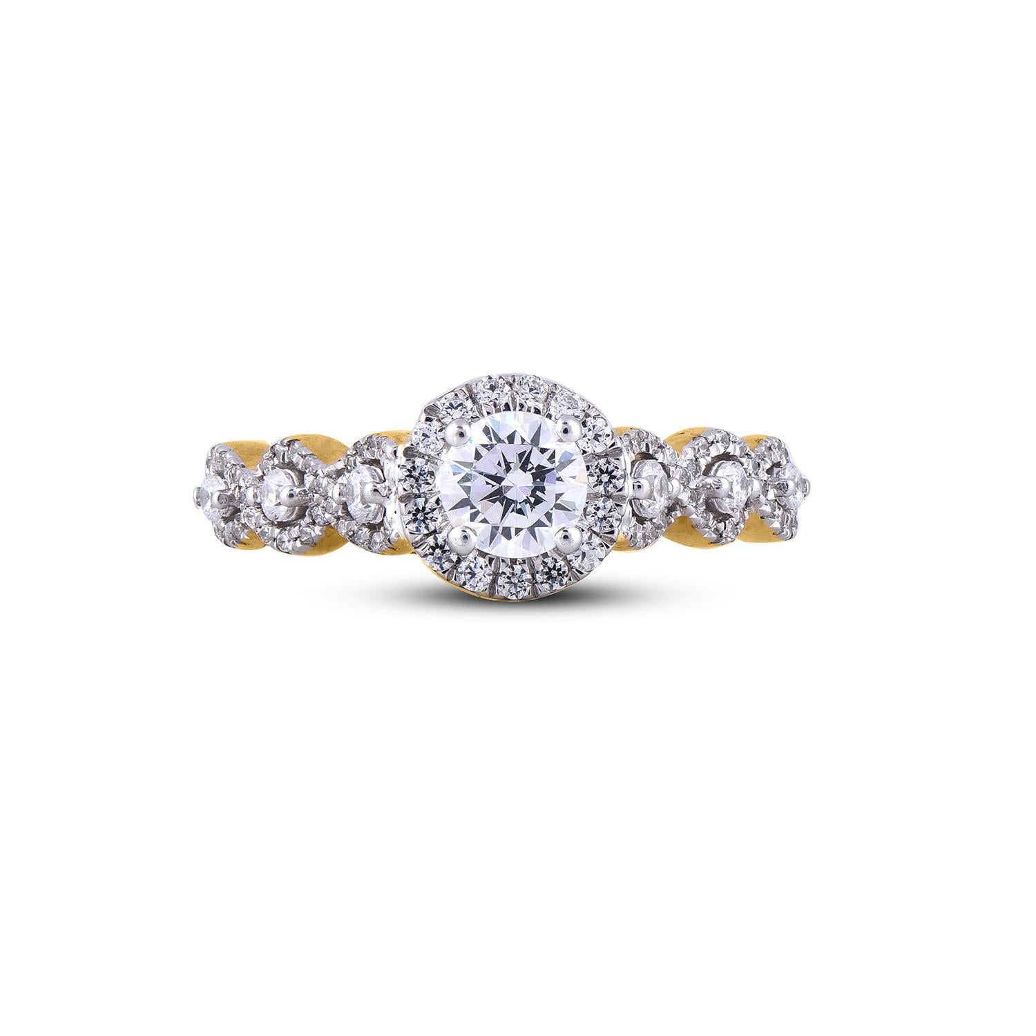 Art Deco TJD 1.0 CT Round Diamond 18 KT Yellow Gold Twisted Shank with Double Halo Ring For Sale