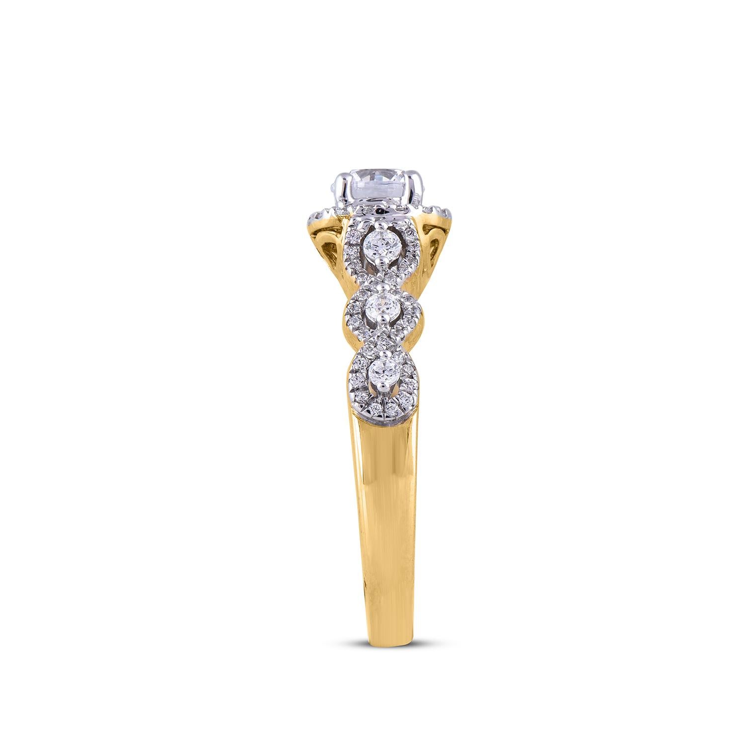Round Cut TJD 1.0 CT Round Diamond 18 KT Yellow Gold Twisted Shank with Double Halo Ring For Sale