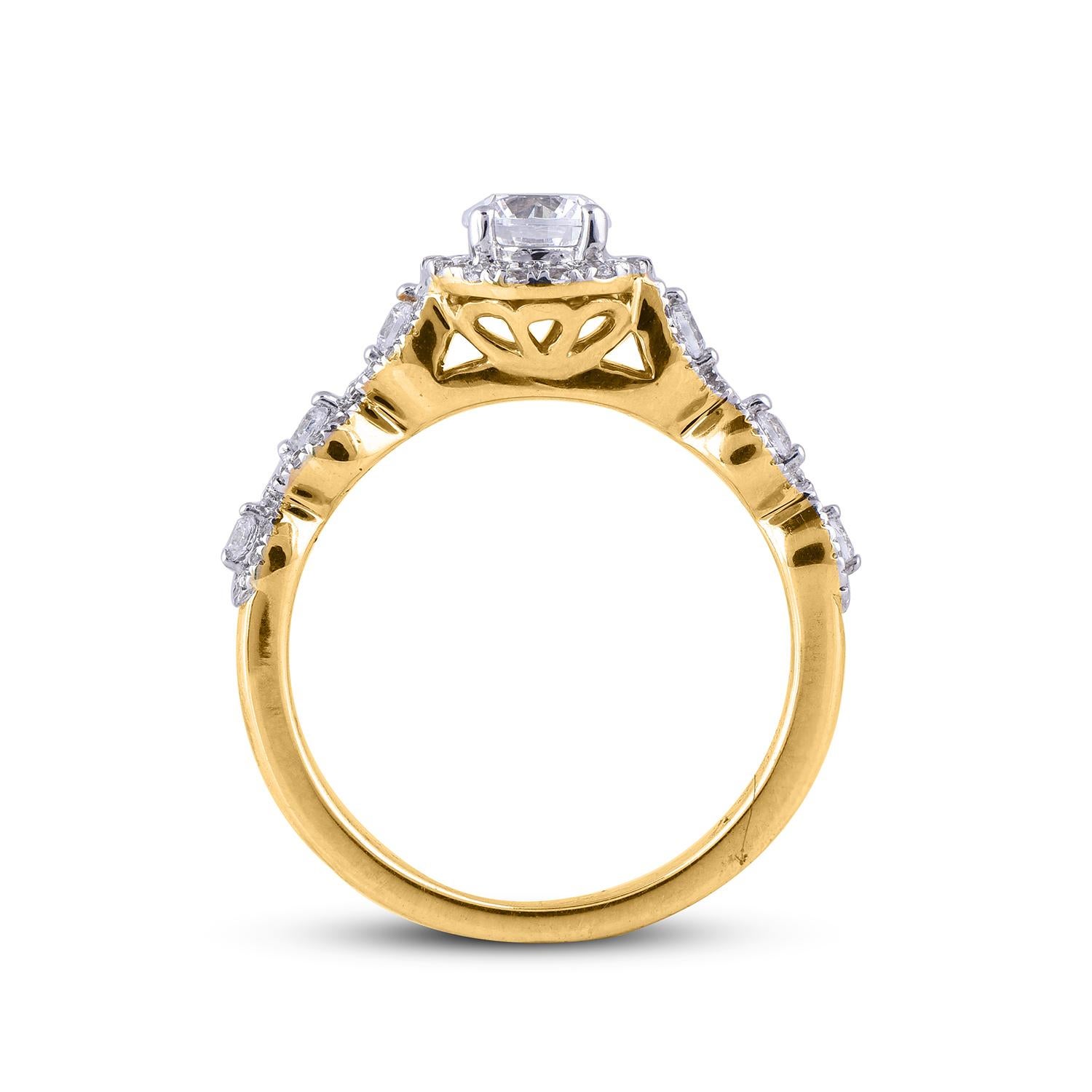 TJD 1.0 CT Round Diamond 18 KT Yellow Gold Twisted Shank with Double Halo Ring In New Condition For Sale In New York, NY