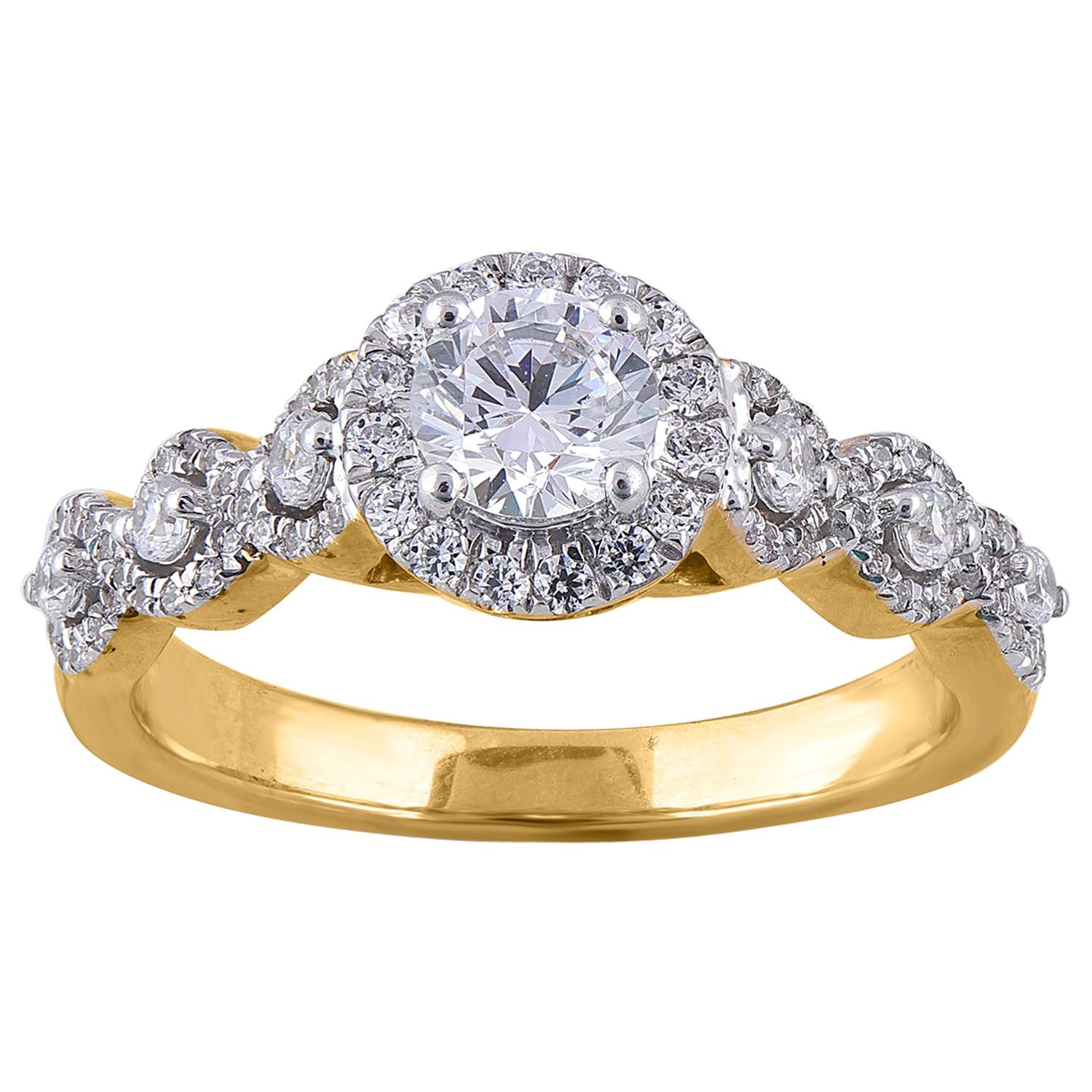 TJD 1.0 CT Round Diamond 18 KT Yellow Gold Twisted Shank with Double Halo Ring For Sale
