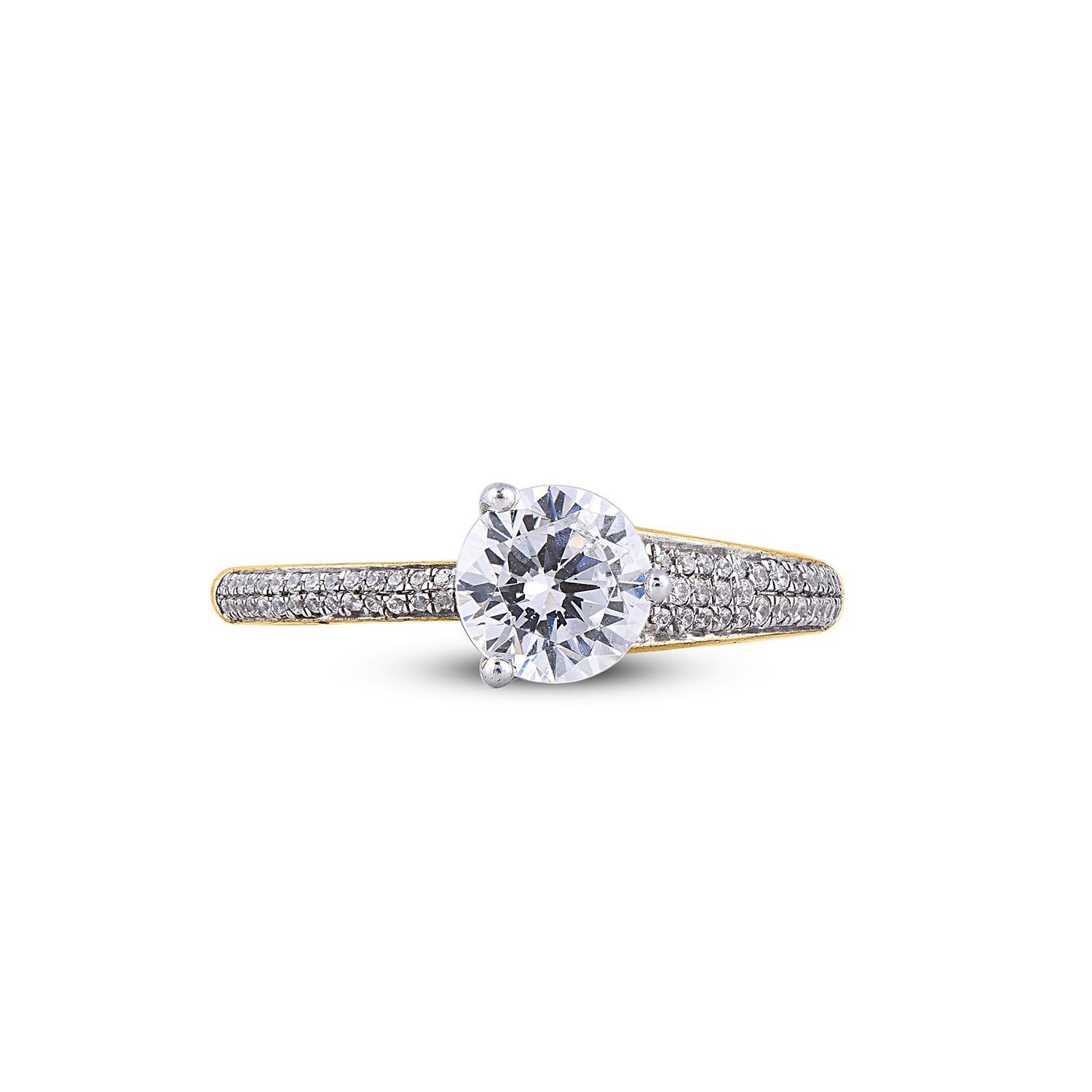Modern TJD 1.0 Ct Round Diamond 18KT Yellow Gold Solitaire with Shoulder Stones Ring For Sale