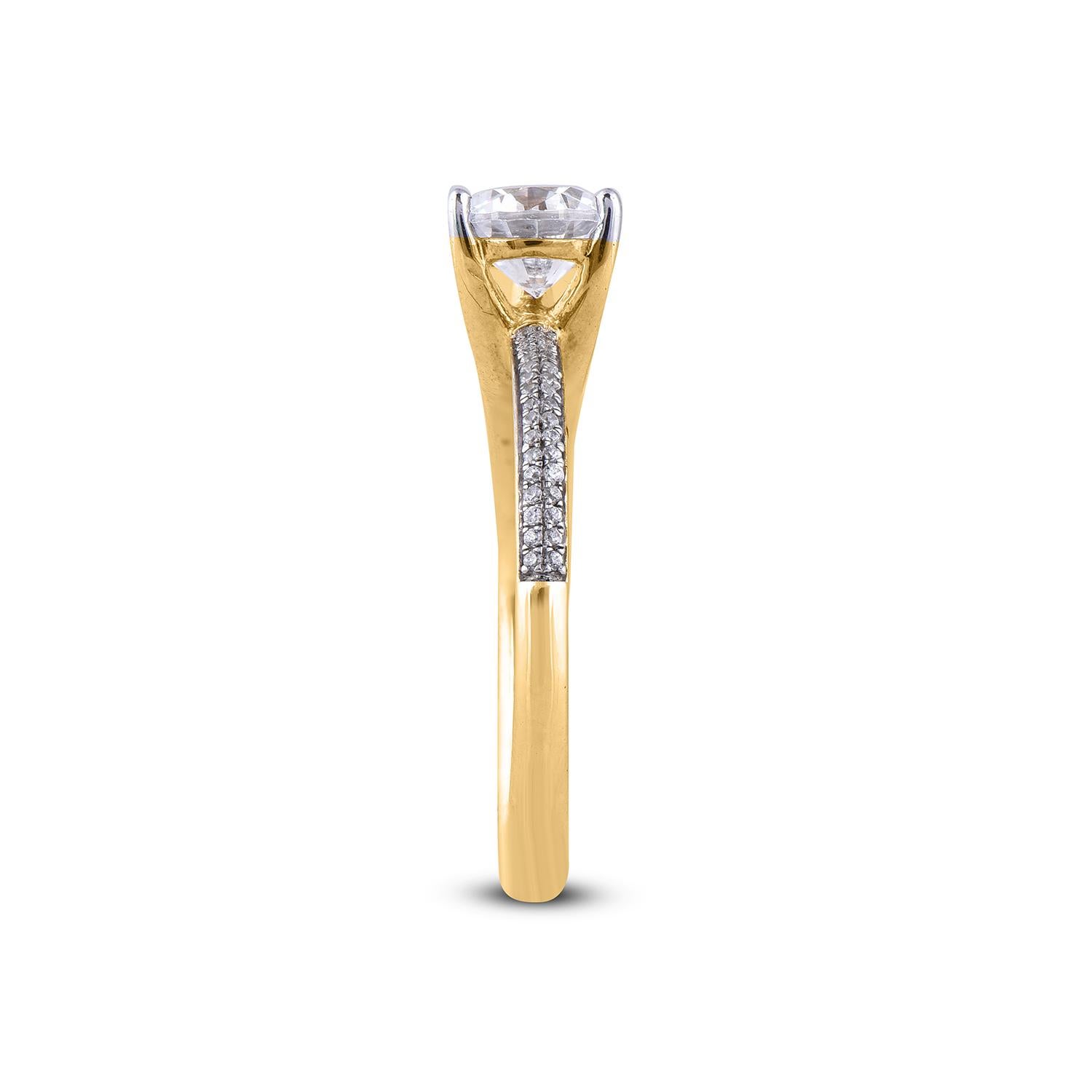 Round Cut TJD 1.0 Ct Round Diamond 18KT Yellow Gold Solitaire with Shoulder Stones Ring For Sale