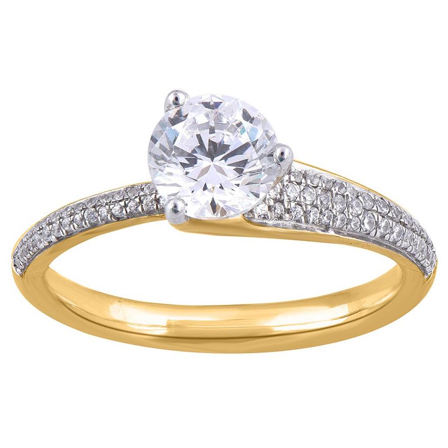 TJD 1.0 Ct Round Diamond 18KT Yellow Gold Solitaire with Shoulder Stones Ring