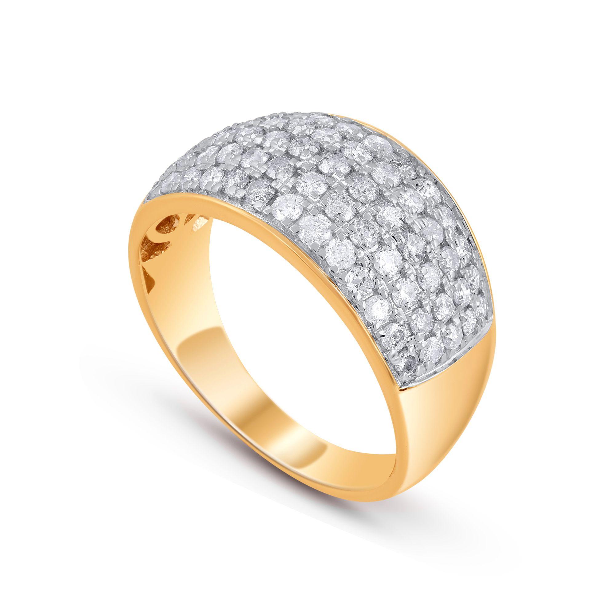 Shine brilliantly in this multi row stylish bridal band, studded with 65 diamonds in prong setting. Crafted expertly in 10-karat yellow Gold. The diamonds are graded G-H Color, I2-I3 Clarity. 

Ring size and metal color can be customized on request. 