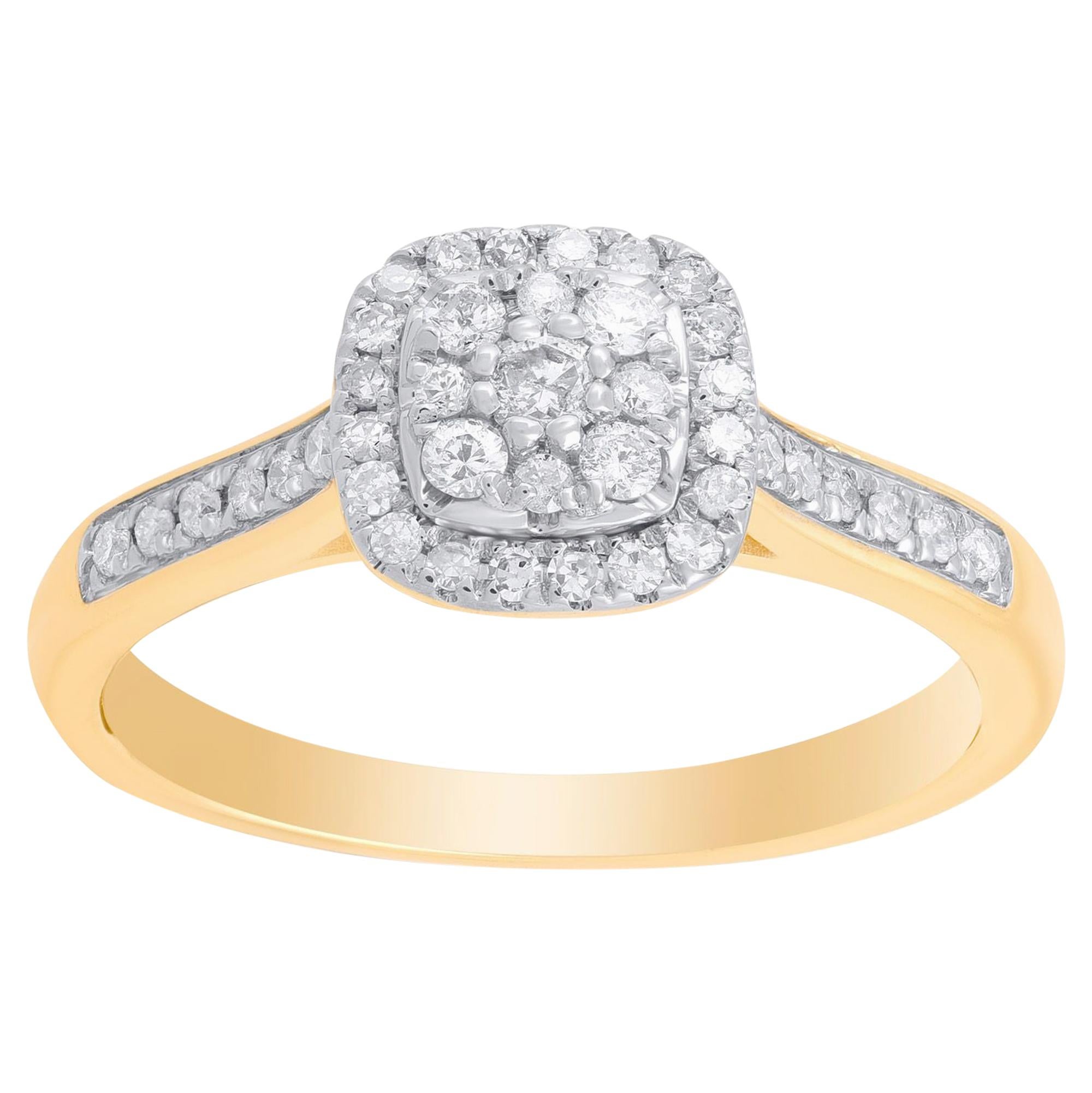 TJD 1/3 Carat Diamond 10 Karat Yellow Gold Cushion Cluster Engagement Ring For Sale