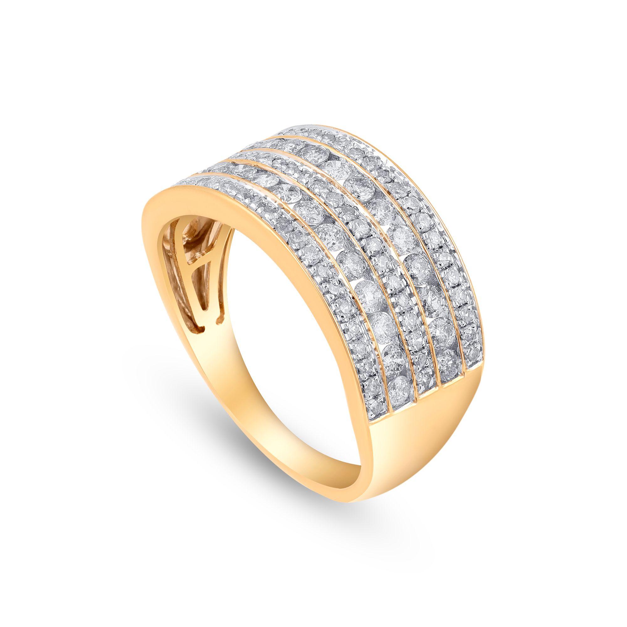 This stunning multi row bridal band is crafted in 10 karat gold. The ring glitters beautifully with 89 diamonds studded in micro-prong and channel setting. Diamonds are graded H-I Color, I2-I3 Clarity. The ring is available in several sizes 
